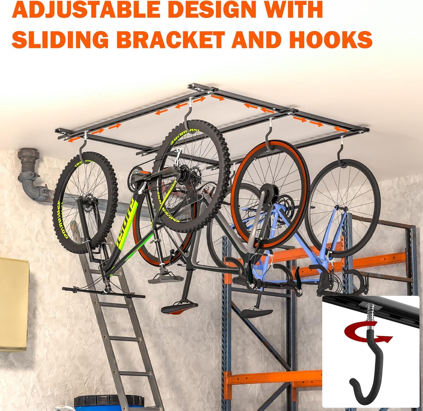 Ultrawall Ceiling Bike Rack for Garage, Indoor Bike Hanger with Sliding Track, Adjustable Bike Hooks for up to 3 Bikes (Horizontally), 6 Bikes (Vertically)