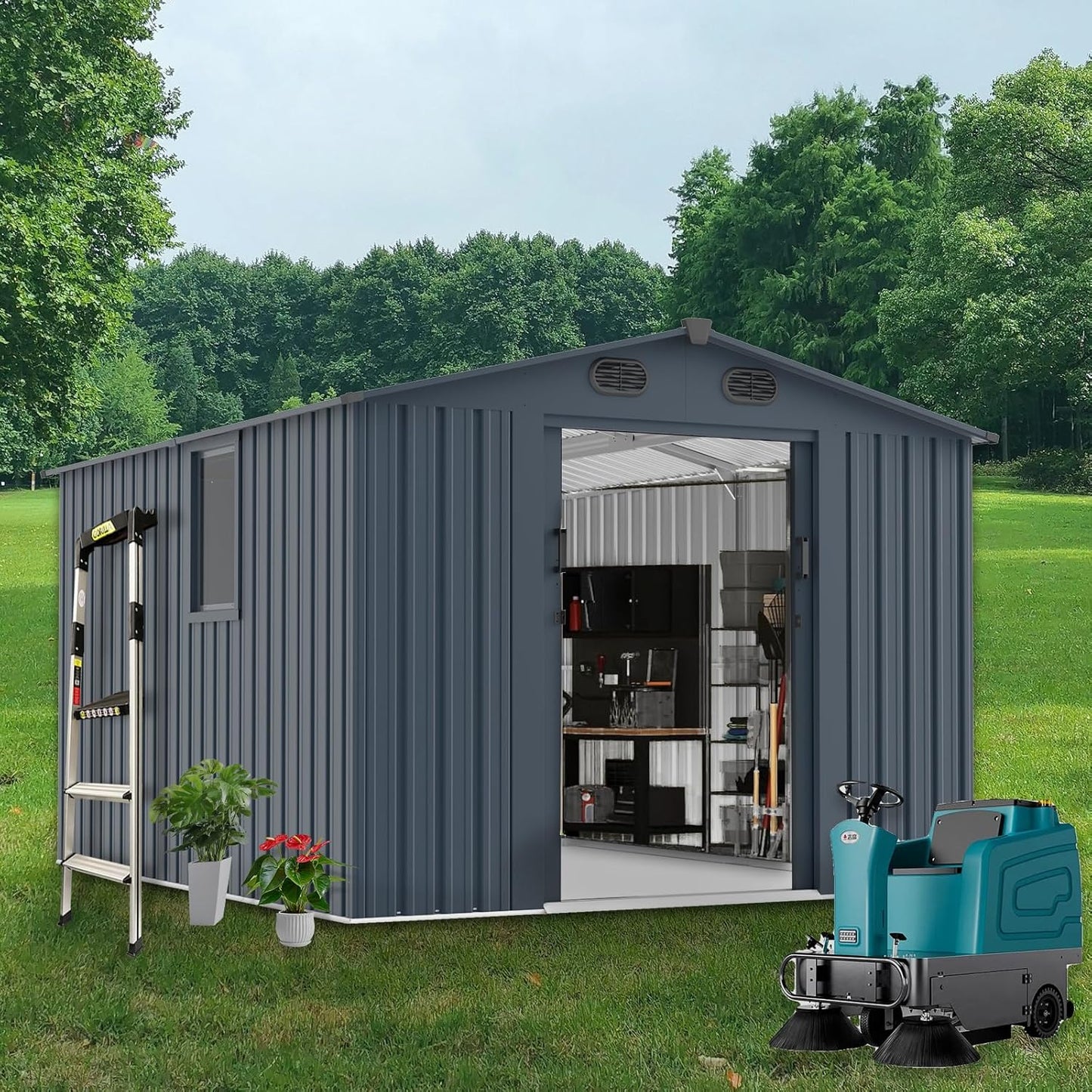 Outdoor Storage Shed 8x10 FT with Window - Metal Sheds & Outdoor Storage for Motorcycle, Bike, Garden Tool, Lawnmower - Backyard Tool Building with 1 Sliding Door and 4 Vents (Without Floor)