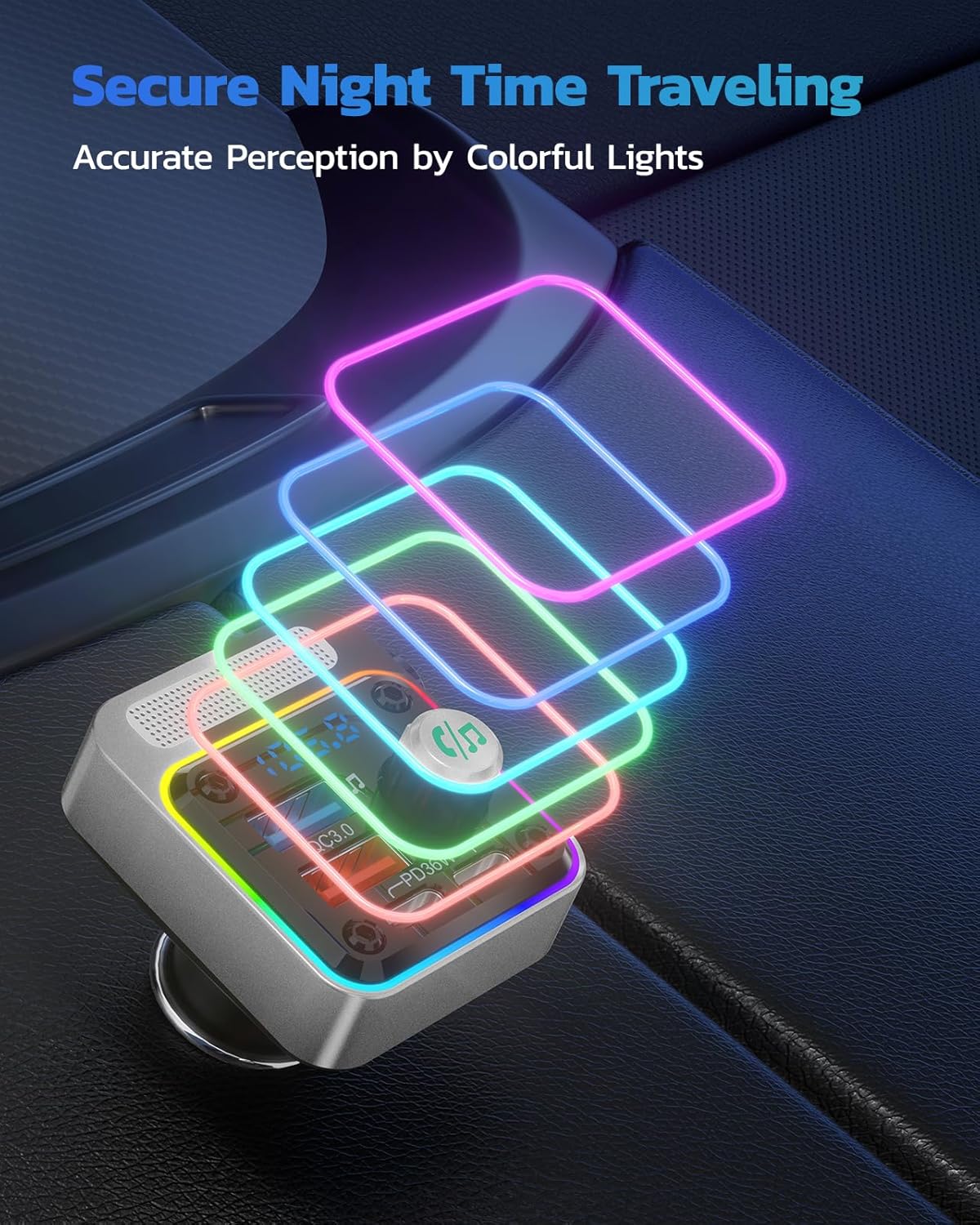 Nulaxy 54W Bluetooth 5.3 Car Adapter with 4 Charging Ports [PD 36W & QC3.0 18W], Wireless Radio FM Transmitter with Deep Bass Player & 5 Colors LED Backlit, Hands-Free Calling - Silver