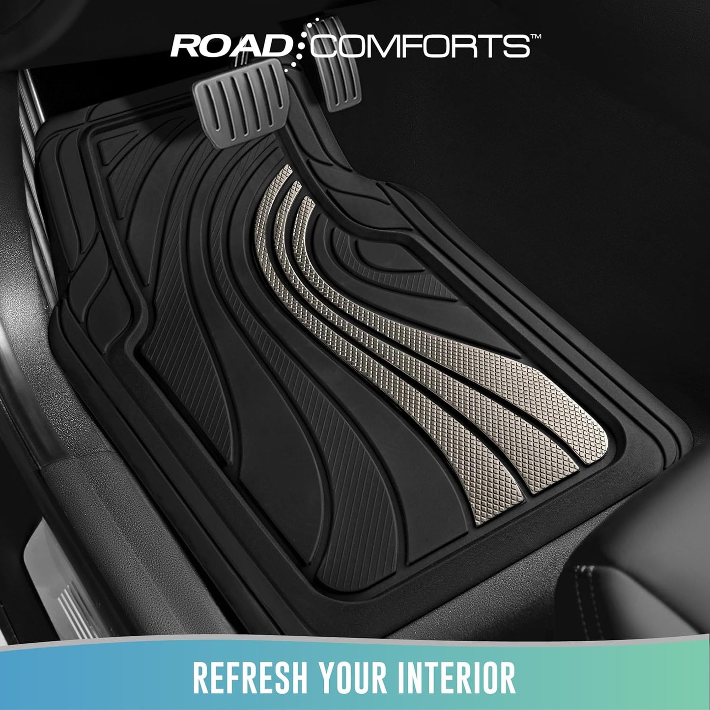 Road Comforts Car Floor Mats Full Set – Front & Rear Car Floor Mats with Aluminum Design, Anti-Slip Backing, All-Weather Protection, Trim-to-Fit Car Mats for Most Sedans, SUVs & Vans - Light Grey