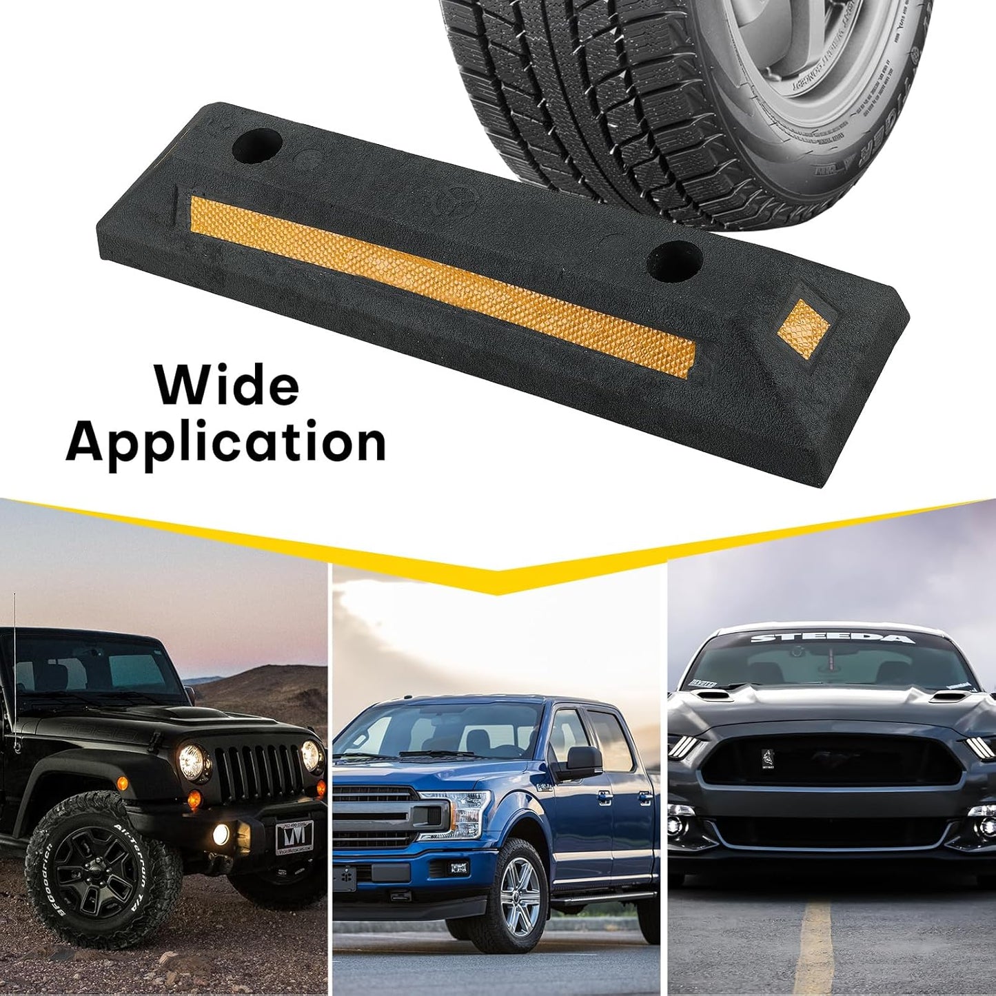 4 Pack Rubber Parking Guide Blocks | Heavy Duty Black Parking Blocks Parking Target Guide with Yellow Reflective Stripes, Wheel Stop Stoppers for Car, Truck, RV, Trailer, and Garage (4 Pack)