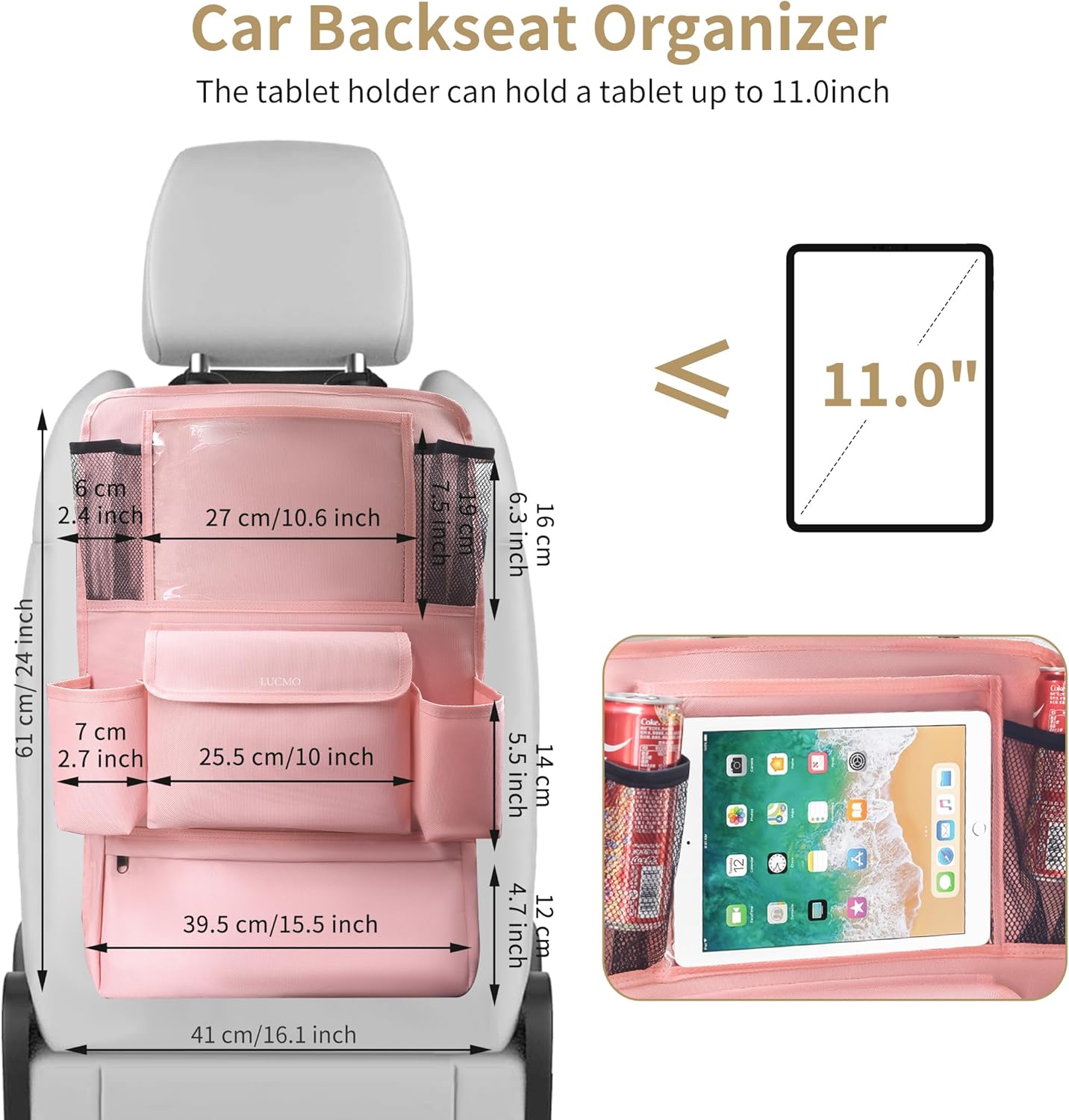 LUCMO Car Backseat Organizer with Touch Screen Tablet Holder,9 Storage Pockets Car Storage Organizer,Protectors Kick Mats Travel Accessories for Kids-Pink