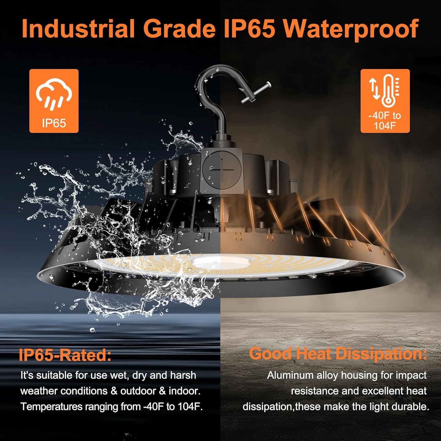 LED High Bay Lights, 150W UFO High Bay LED Shop Lights, 22500LM Adjustable CCT(5700K 5000K 4500K) & Power(150W 120W 80W), 0-10V Dimmable, 5' Cable Plug, IP65 Waterproof, ETL & DLC Listed High Bay