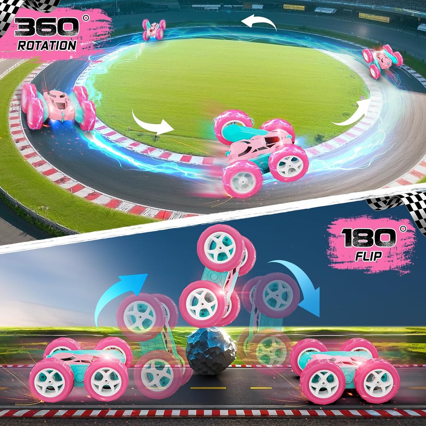 Pink Remote Control Car for Girls - RC Stunt Cars with 4WD Double-Sided Driving 360° Flips Rotating, Off Road Remote Car Outdoor Toys for Kids Age 6 7 8-12, Christmas Birthday Gifts