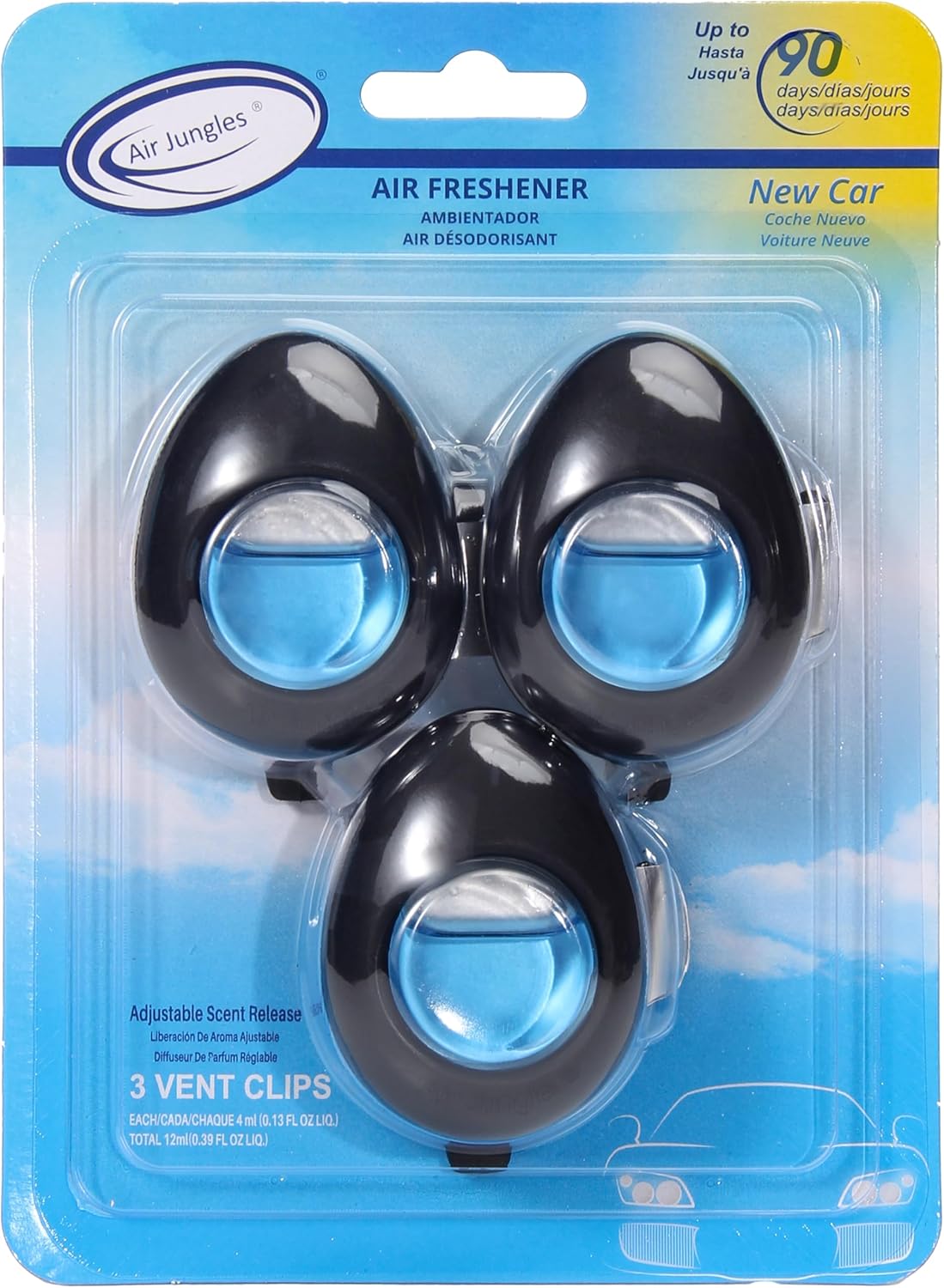 Air Jungles Car Air Freshener Vent Clip 3 Count, New Car Scent, 4 ml Each, Long-Lasting Car Odor Eliminator, Easy Clip-On, Up to 90 Days Freshness for Cars, Trucks, and SUVs