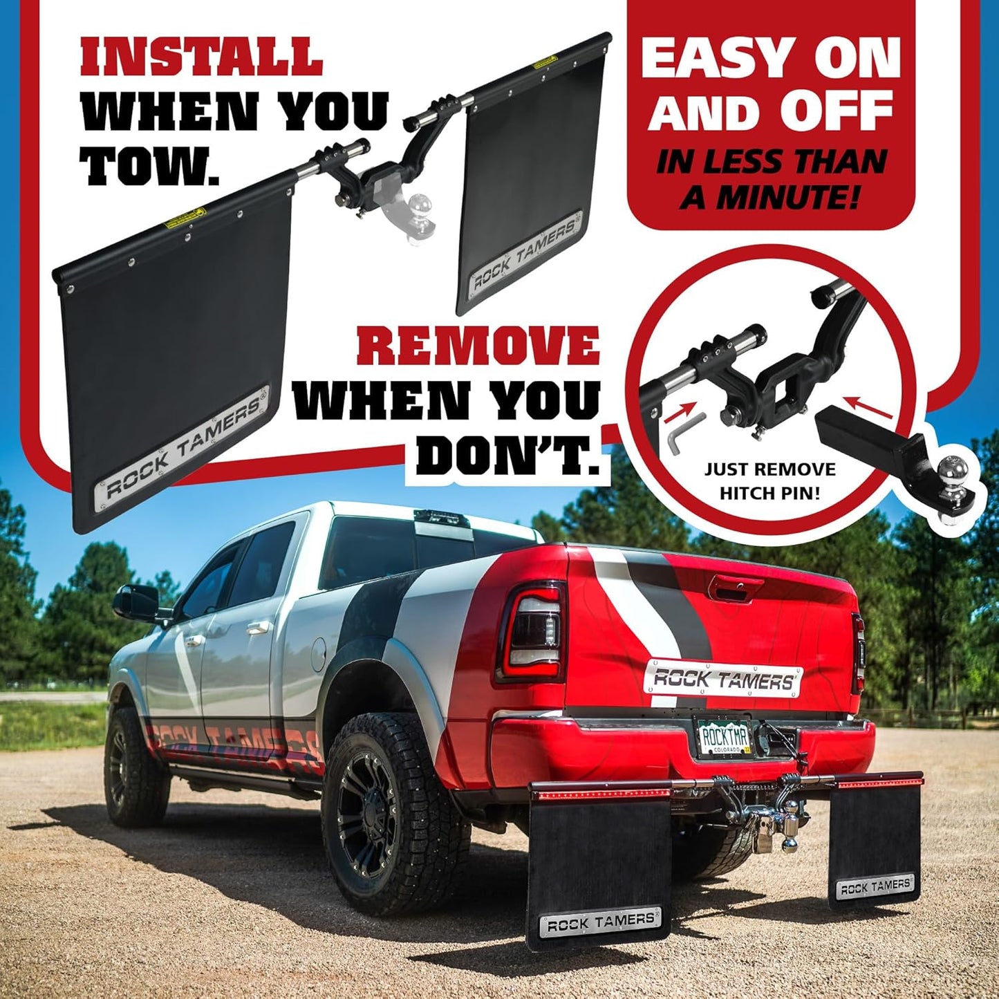 Rock Tamers 00108 - 2" Official Mudflap System - 2" Hitch Receiver, Check Measurements - Removeable and Adjustable Mud Flaps for Trucks - 1 System