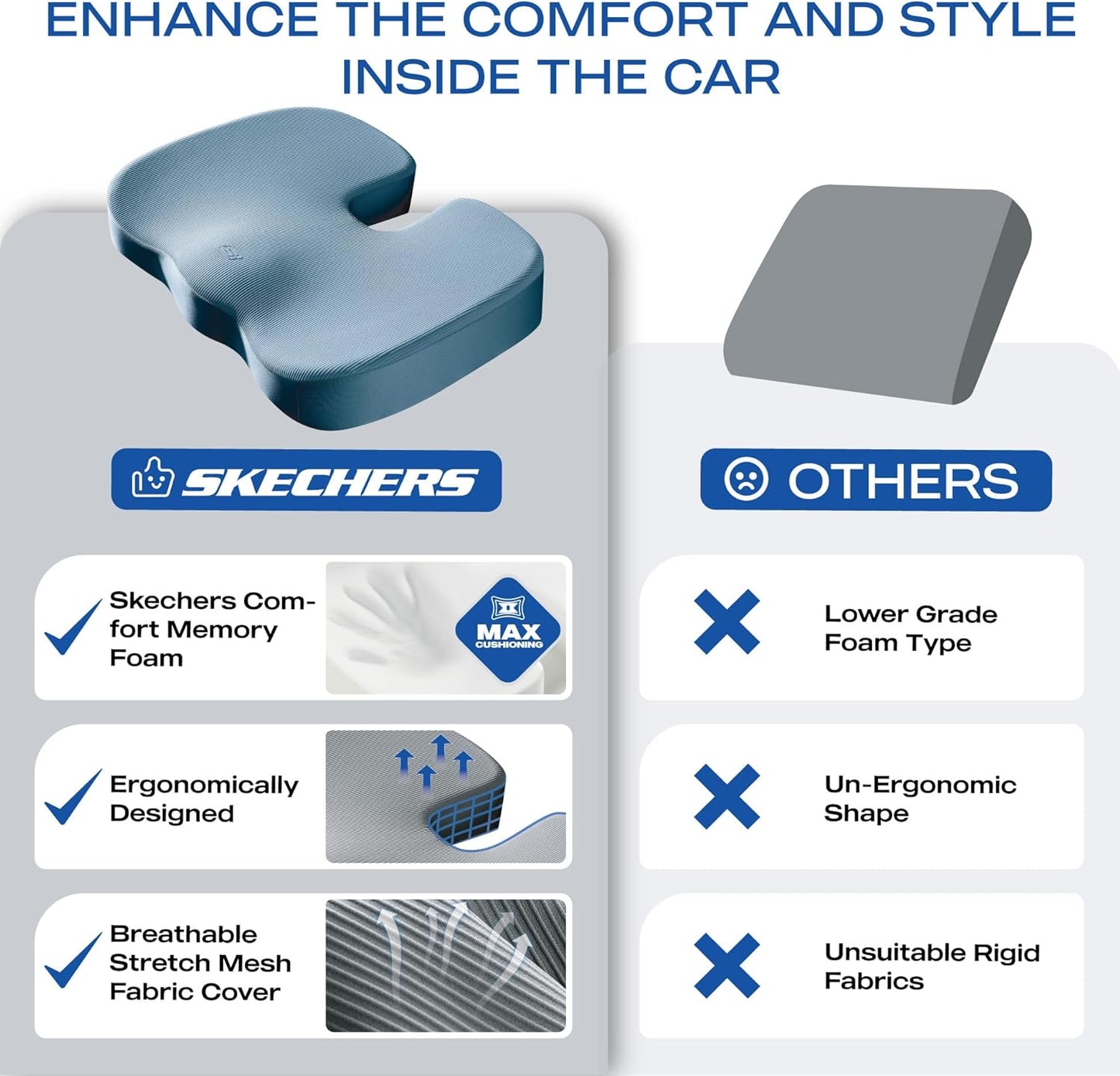 Skechers Memory Foam Seat Cushion,Office Chair Cushion for Tailbone Pain Relief,Butt Pillow for Office Chair,Car seat Cushion,Computer Desk,Long Sitting Office Workers,and Car Drivers,Blue