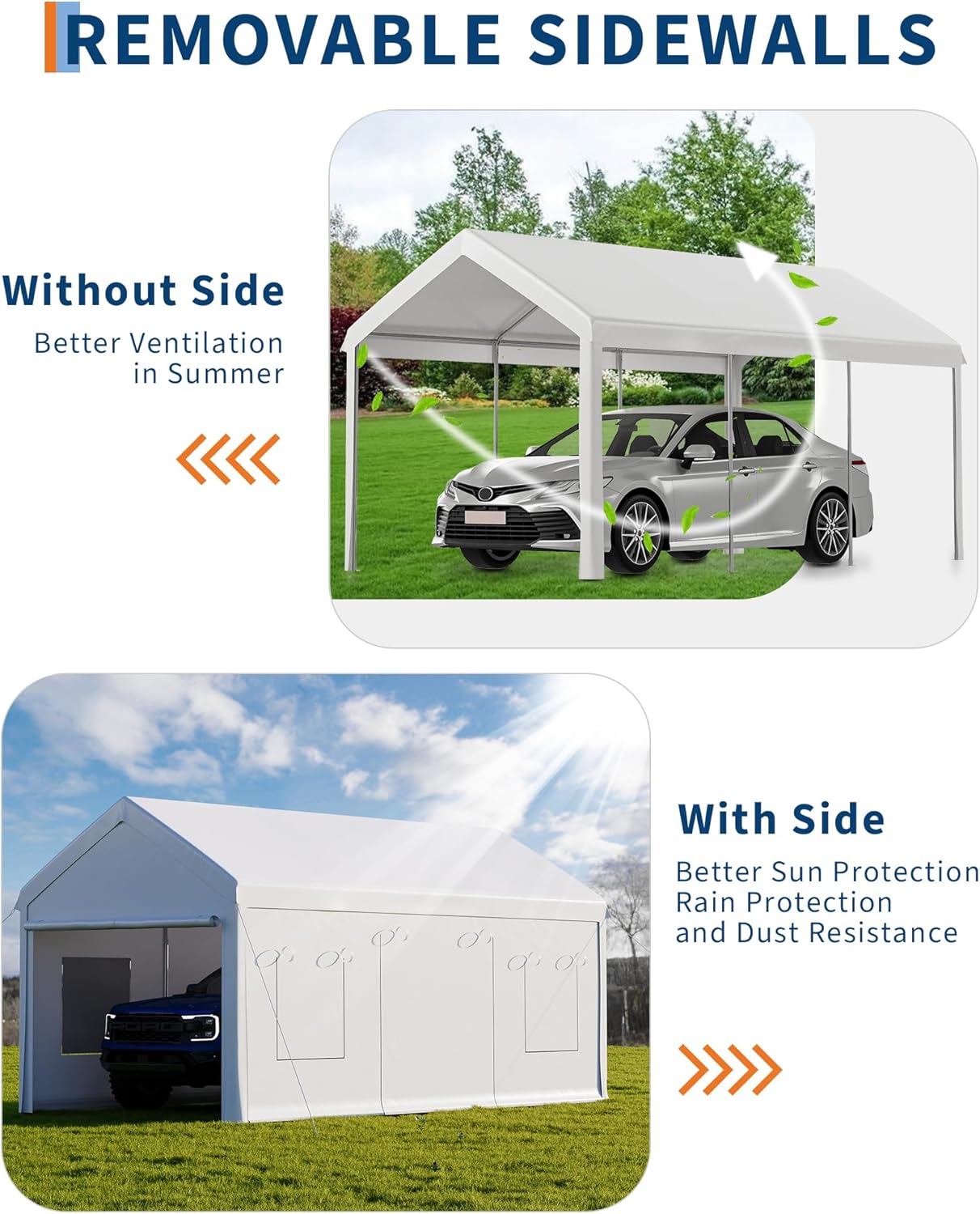 10 x 20ft Heavy-Duty Carport with Roll-Up Windows & Removable Sidewalls & Doors Thickened Wind Ropes, Ground Nails, Portable Car Tent Garage for Cars, Trucks, Boats, 180G Durable Tarp Cover,White