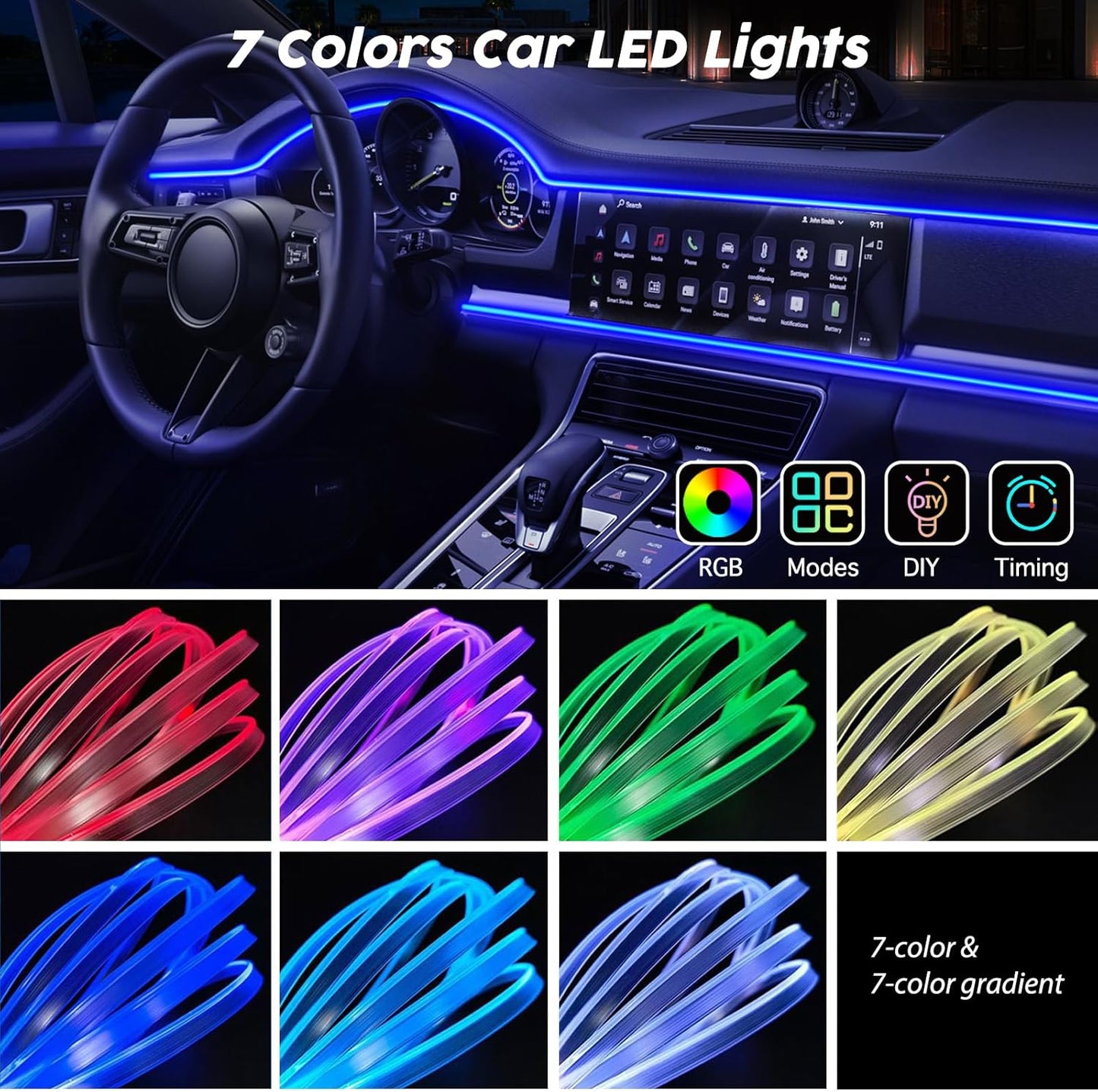 USB Car LED Lights, Interior Car Lights Strip 7 Colors Ambient Lighting with 118 inches Fiber Optic Music Sync Simple Installation EL Wire Lights (7 Colors/118 inches)