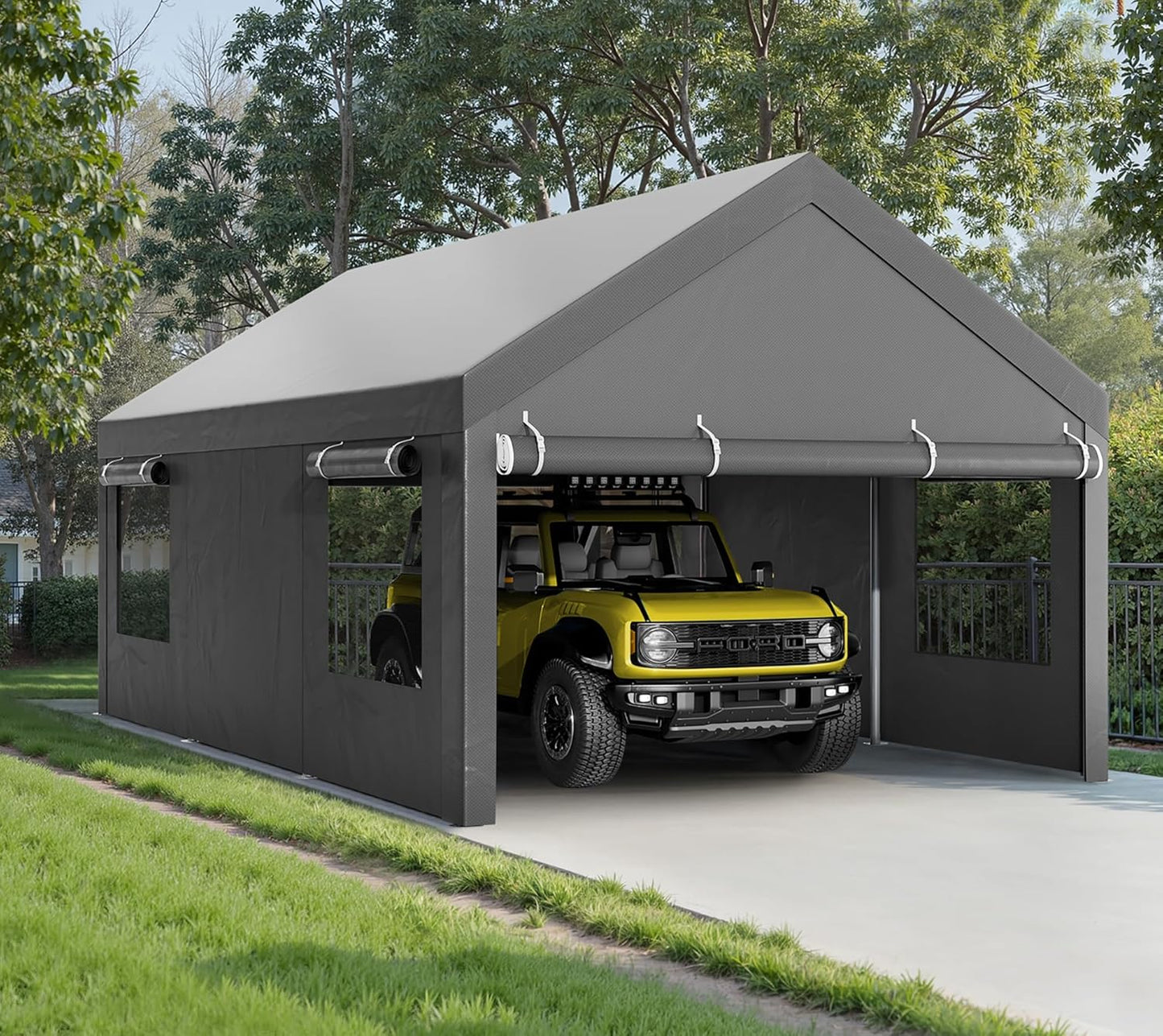 Walsunny Carport, 10x20 ft Heavy Duty Carport Canopy with Roll-up Windows, Portable Garage with Removable Sidewalls & Doors, Car Canopy with All-Season Tarp for Car, Truck, Boat