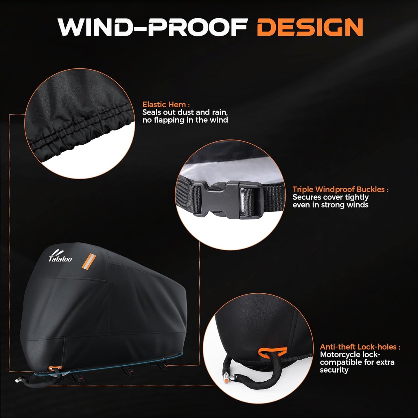 Motorcycle Cover Waterproof Outdoor, 300D Heavy Duty, UV & Rain Resistant, 3 Wind-Resistant Buckles, Dual Lock Holes, Includes Storage Bag, Fits Most Motorcycles/Scooters up to 86.6",Silver