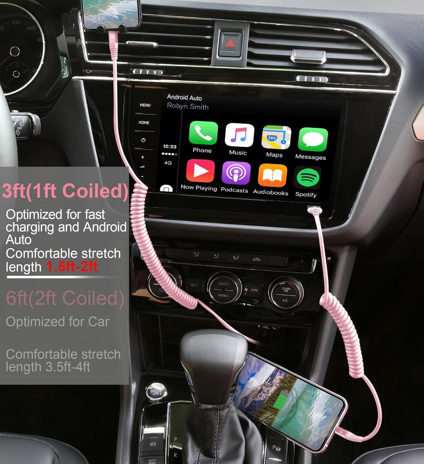 iPhone Charger Cable for Car 3FT, 2Pack Coiled Coiled Lightning Cable [Apple MFi Certified] iPhone Cable Compatible with iPhone14/13/12/11 Pro Max/XS MAX/XR/XS/X/8/7/Plus-Pink