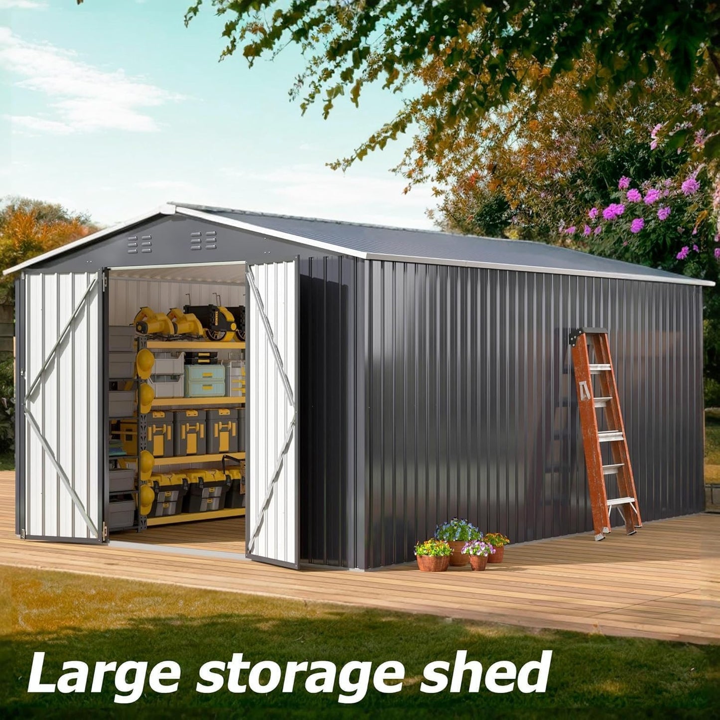 WKM 10x14 FT Outdoor Storage Shed, Utility Metal Tool Storage with Lockable Doors and Updated Frame Structure, Metal Garden Shed for Backyard, Patio Lawn, Black