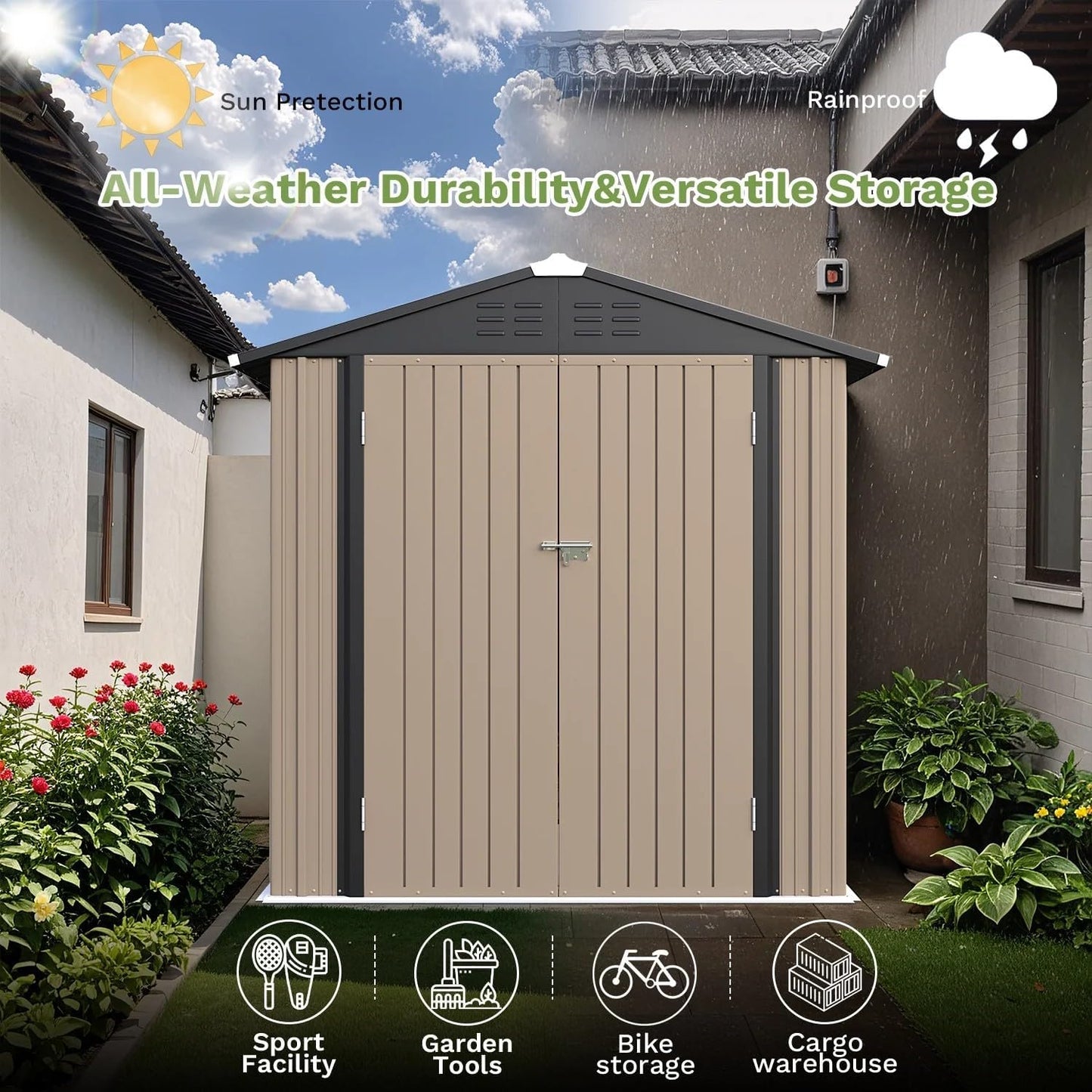 Greesum 6×4FT Outdoor Storage Shed, Metal Patio Storaged Sheds with Lockable Doors, Sheds & Outdoor Storage for Bike, Backyard, Pool and Garden, Brown