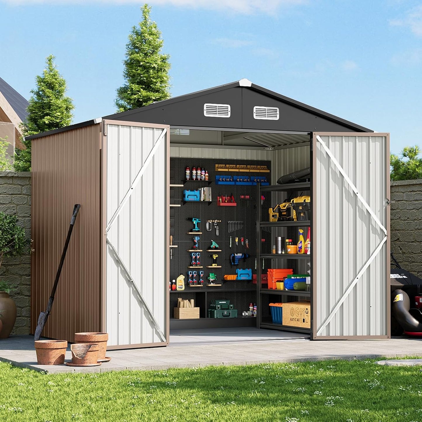 8x6 FT Outdoor Storage Shed with Floor & Lockable Double Doors, Heavy-Duty Galvanized Steel Outdoor Metal Shed for Bike, Tool, Generator Storage in Backyard, Patio (8’x6’, Floor)