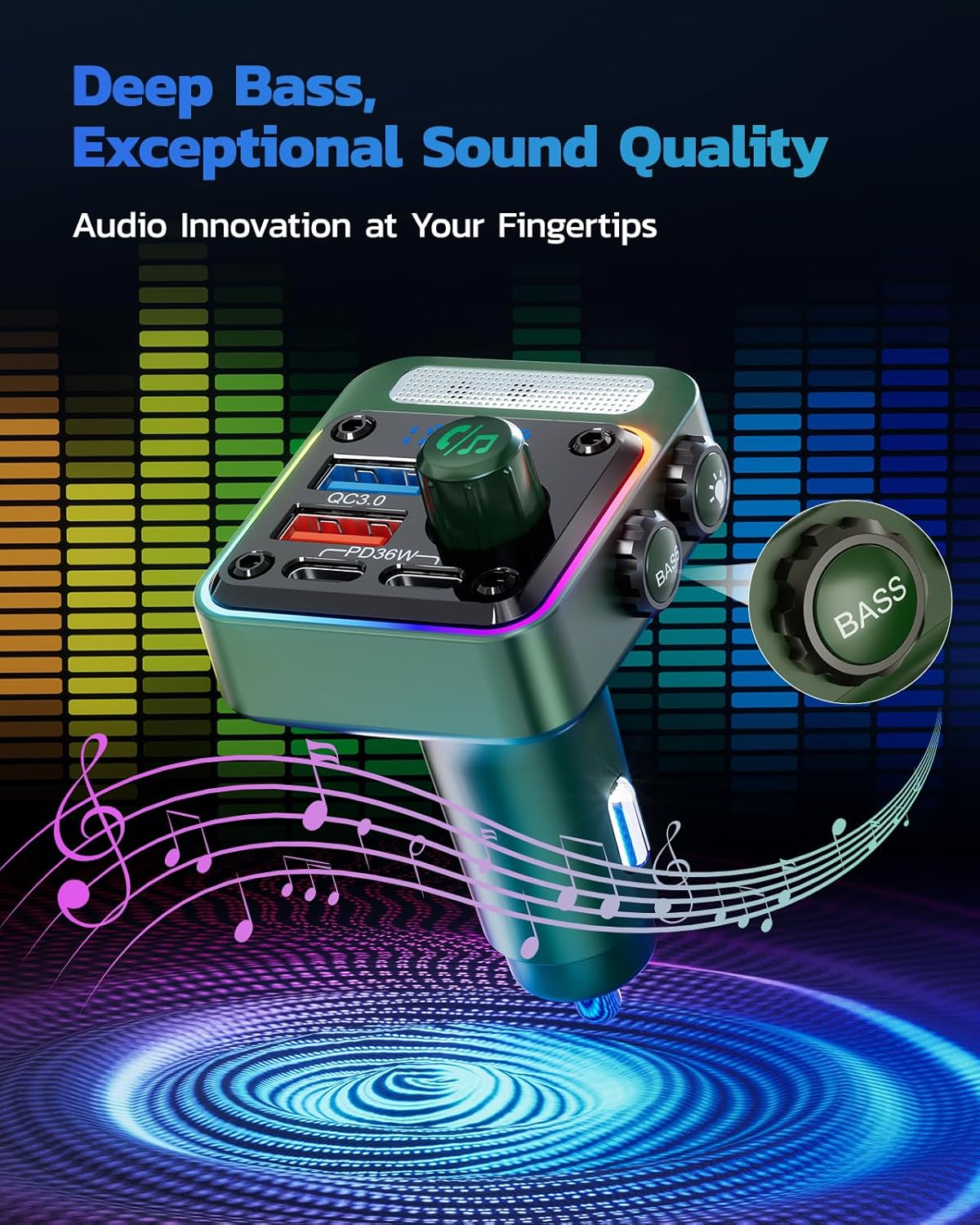 Nulaxy 54W Bluetooth 5.3 Car Adapter with 4 Charging Ports [PD 36W & QC3.0 18W], Wireless Radio FM Transmitter with Deep Bass Player & 5 Colors LED Backlit, Hands-Free Calling - Green