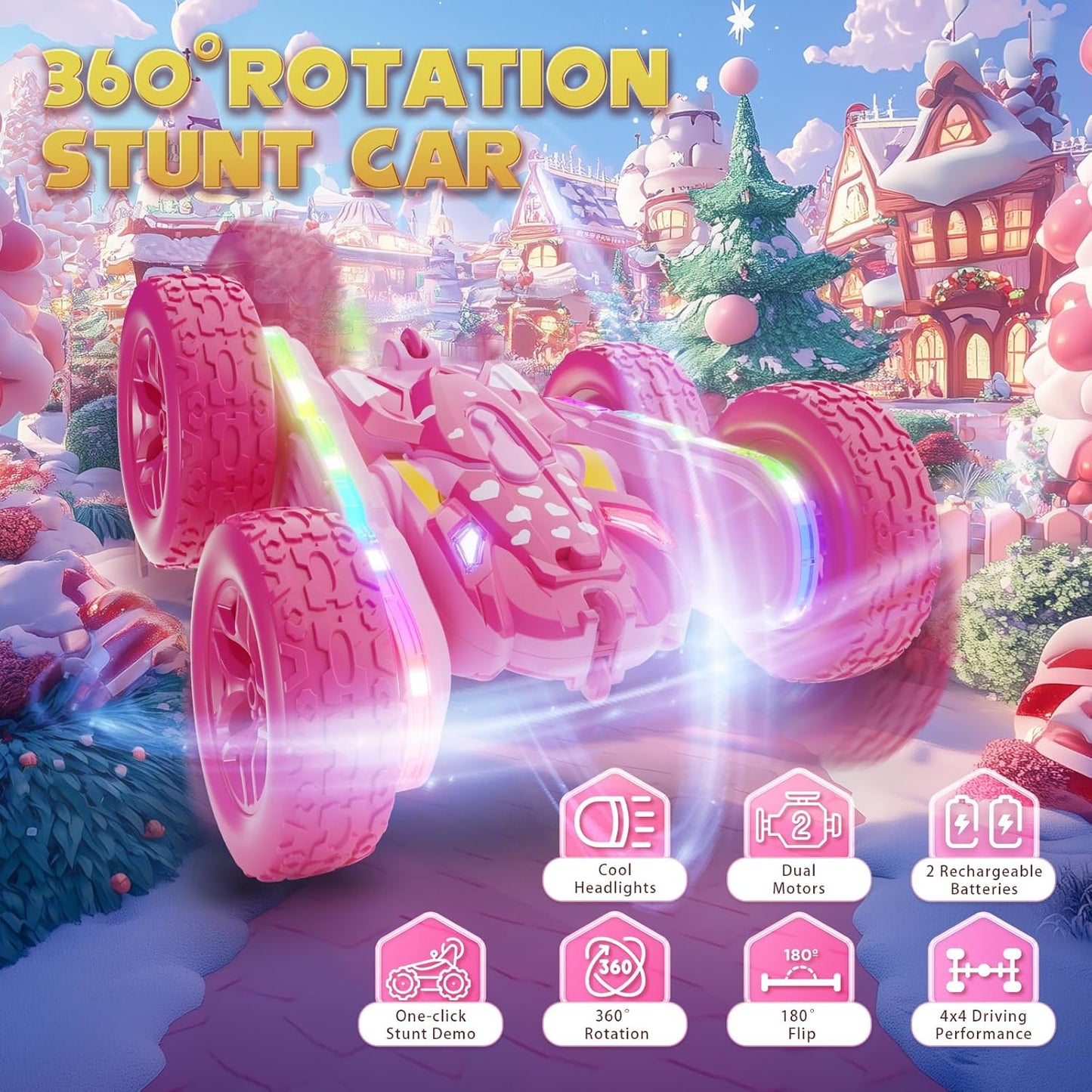 Remote Control Car for Girls, Pink RC Cars Stunt RC Car Girl Toys for Girls Double-Sided 360° Rotating with Headlights 4WD Kid Toys for Birthday Gifts (Pink)