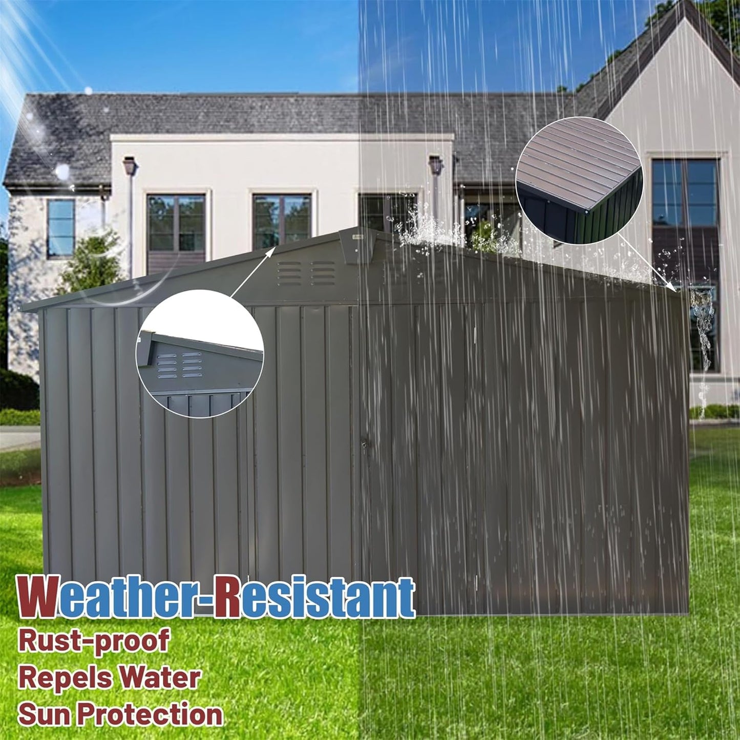 IKERY Extra - Large Galvanized Steel Storage Shed - 11' x 12.5' with Windows and Lock, Garden and Utility Tool Shed for Backyard and Patio, Dark Gray