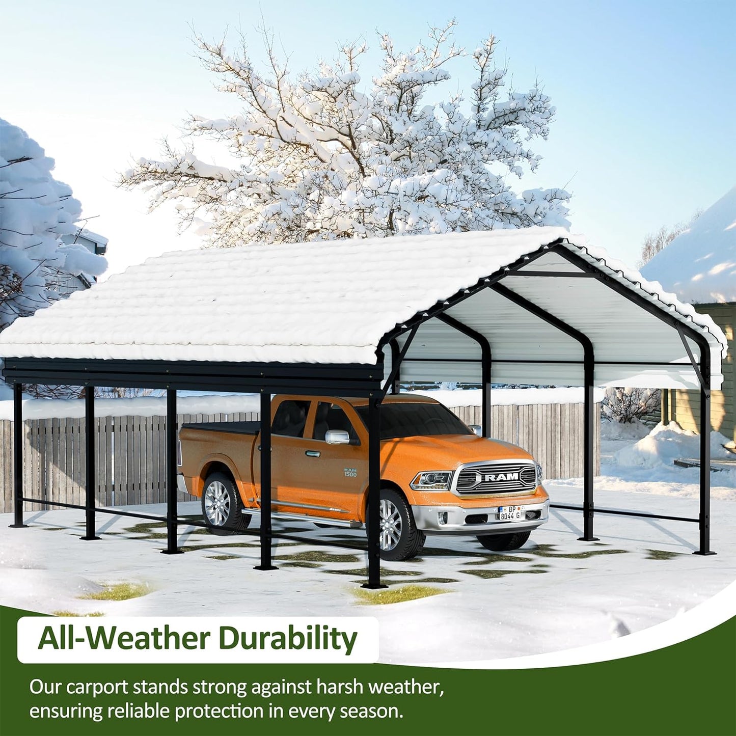 JAMFLY Carport, 12X15 FT Metal Carport, Heavy Duty Carport Canopy with Galvanized Steel Roof and Frame, Metal Car Garage Upgraded Extra Large Garage for Pickup, Boat, Car and Tractors