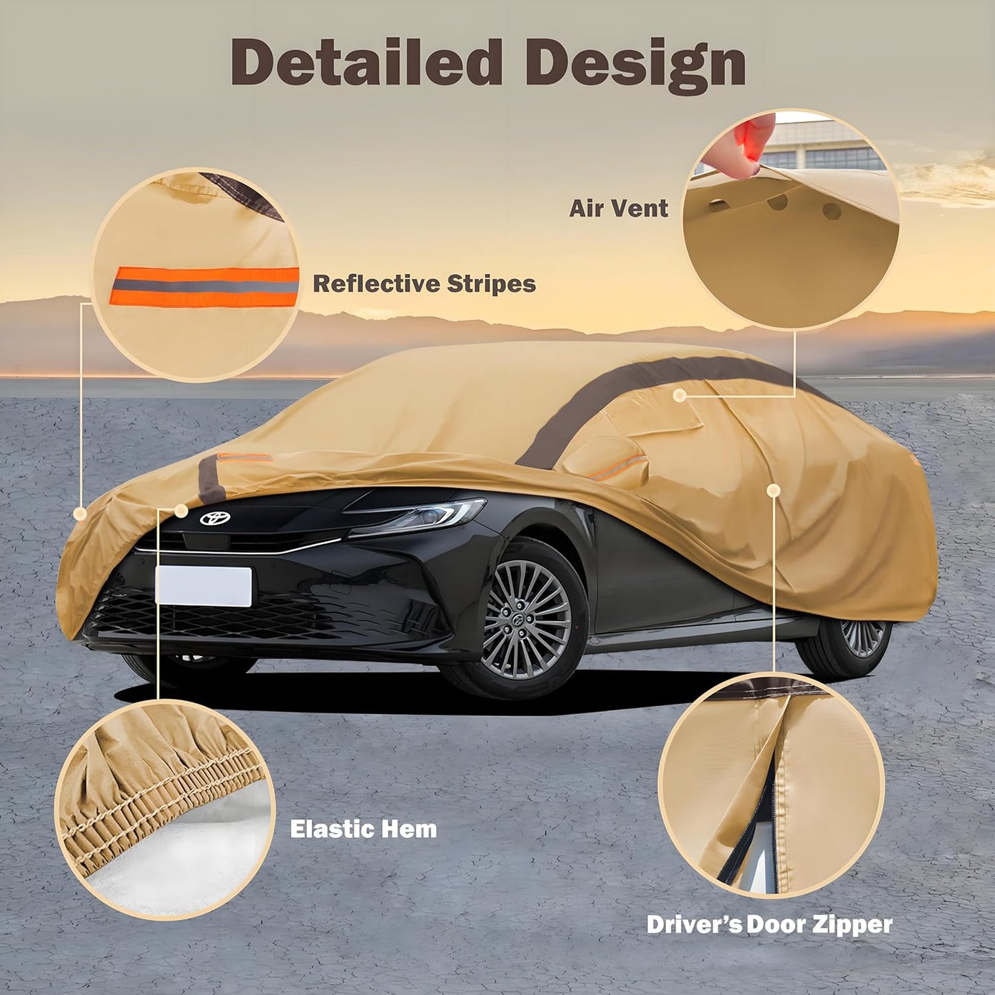 Corolla Car Cover Heavy Duty Waterproof All Weather Compatible with Toyota Corolla Sedan (2000-2024), Outdoor Anti-UV Sun Rain Protection Full Exterior Cover (Camel with Brown)