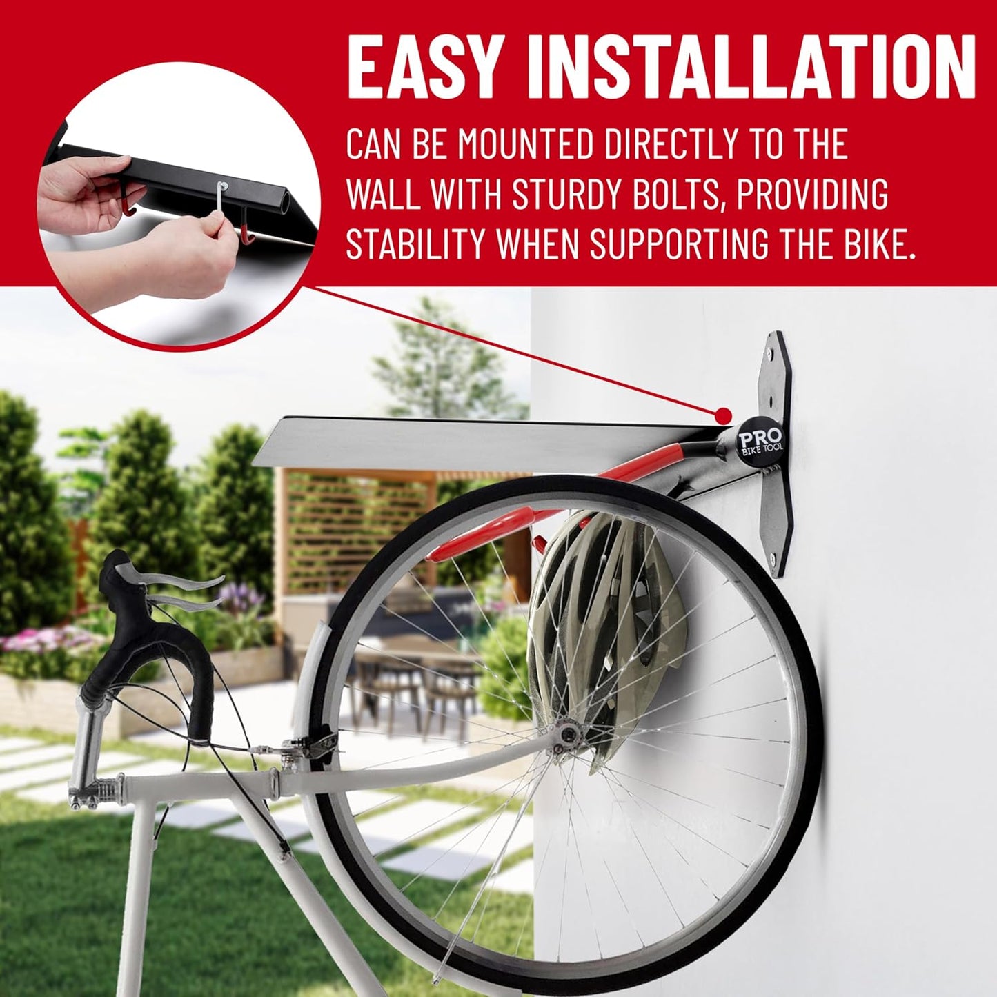 PRO BIKE TOOL Bike Storage Rack - Indoor Bike Rack for Bicycle and Accessories - Compact Steel Bike Holder - Easy Installation - Black and Red - Durable Metal Construction for Home or Garage