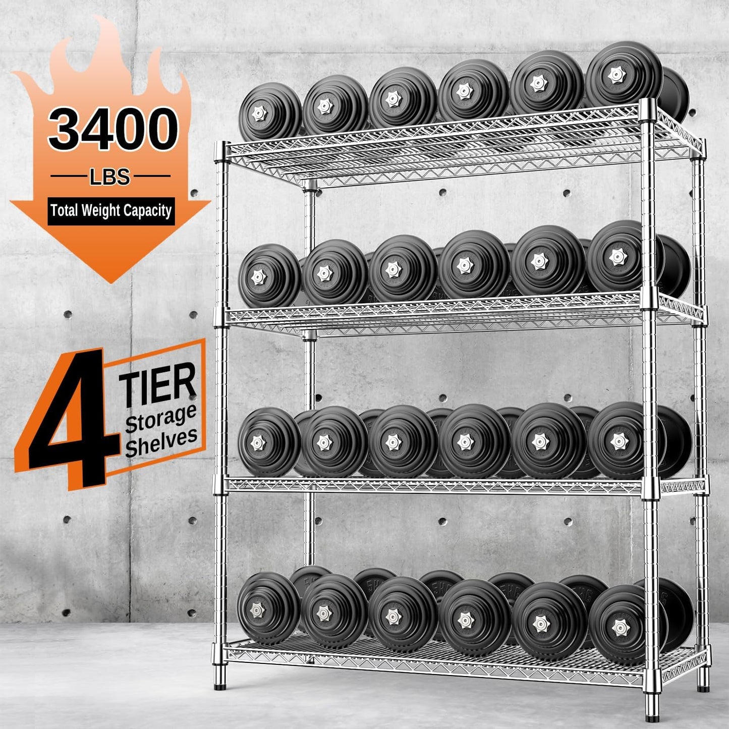 IZEUK 2640 LBS Garage Shelving Wide Storage Shelves 4 Tier Metal Shelves Heavy Duty Adjustable Utility Shelf Rack Chrome 17.7" D x 59.1" W x 70.4" H