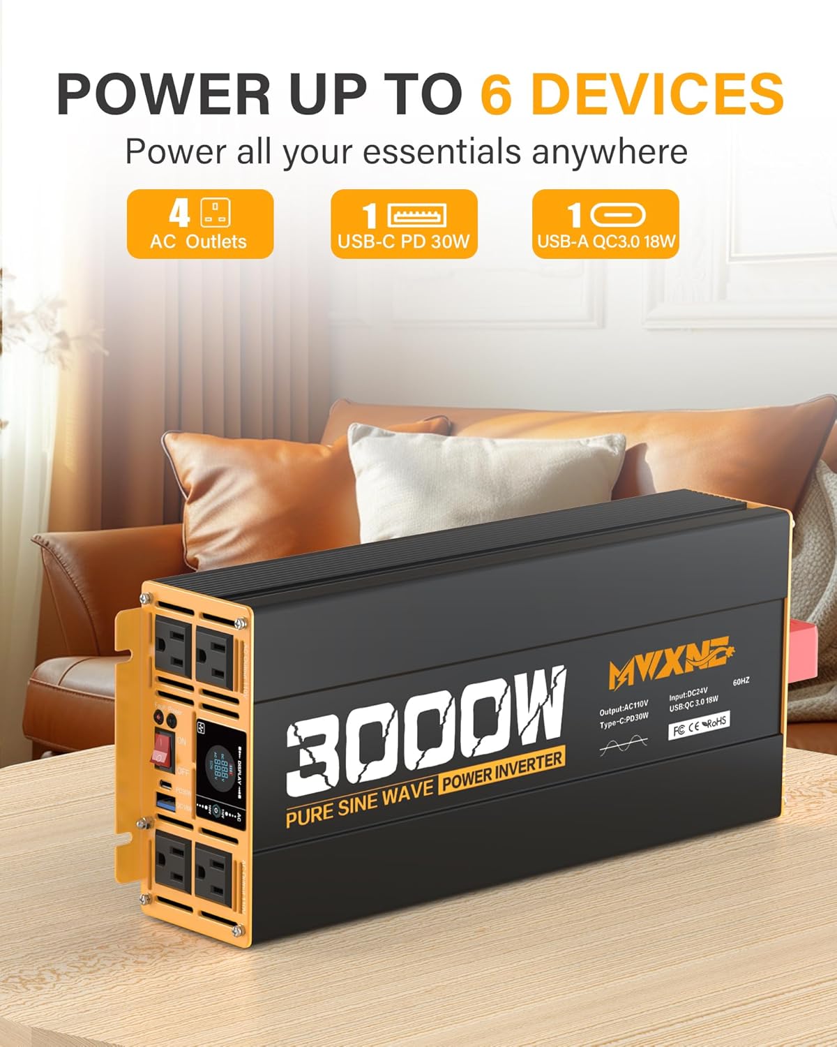 3000W Pure Sine Wave Inverter 24V DC to 110V 120V AC Converter for RV Truck Home Off-Grid Solar Power Inverter with Type-C PD30W/USB Port QC3.0 Quick Charging, 4 AC Outlets, Remote Control