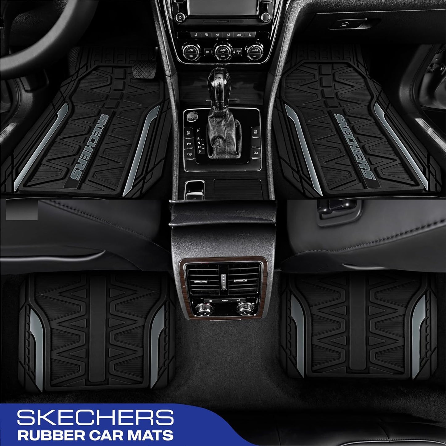 Skechers Car Floor Mats,Heavy Duty Rubber Car Mats Full Set,All Weather Floor Mats,Waterproof Trim to Fit Universal Floor Liner Car Accessories,Automotive Floor Mats for Cars Trucks SUV,Grey