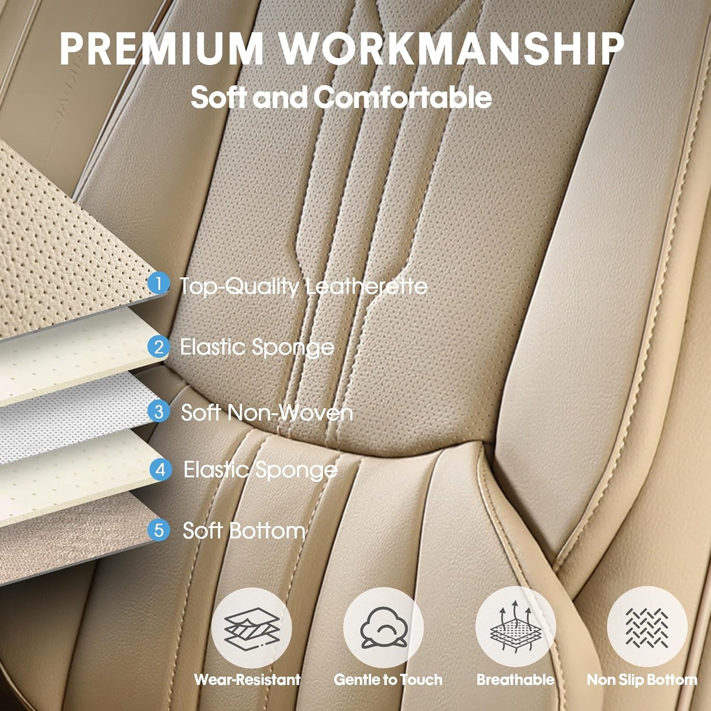 AOOG Car Seat Covers Full Set, Leather Seat Covers for Car, Waterproof Car Seat Protector with Lumbar Support, Automotive Seat Covers Universal Fit for Most Cars SUV Trucks (Full Set, Beige)