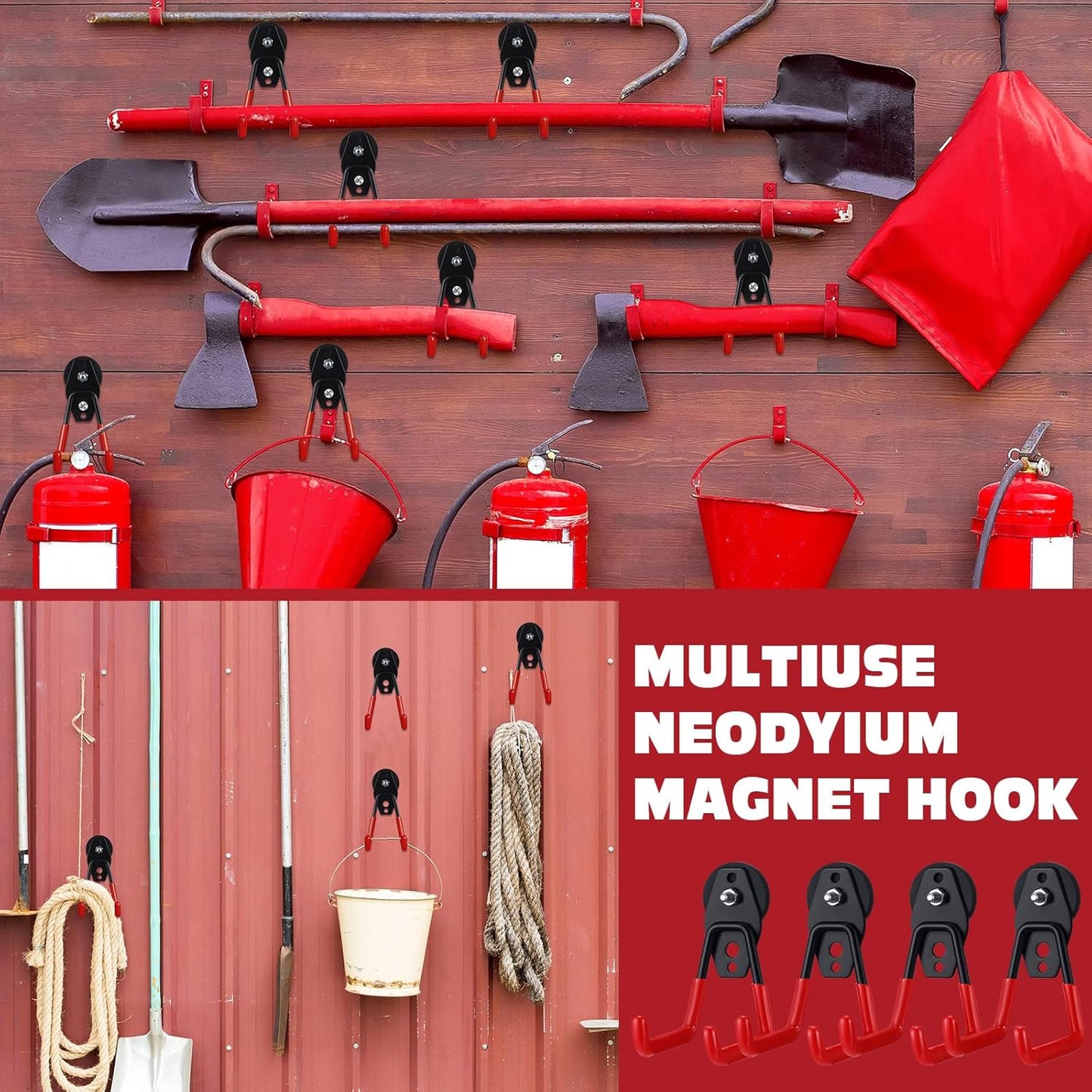 Landhoow Large Magnetic Hooks Heavy Duty Garage Magnet Hooks Strong Storage Utility Magnetic Hangers with Anti Slip Rubber Coating for Indoor and Outdoor Hanging(Red,4 Pcs)