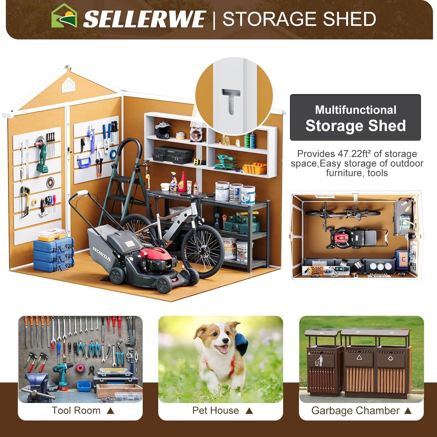 8x6 FT Resin Storage Shed, Waterproof Outdoor Shed w/Floor Included, 2 Windows, Double Lockable Doors & Vents,Outside Plastic Tool Sheds for Garden, Lawn, Backyard, Wood-Grain Brown