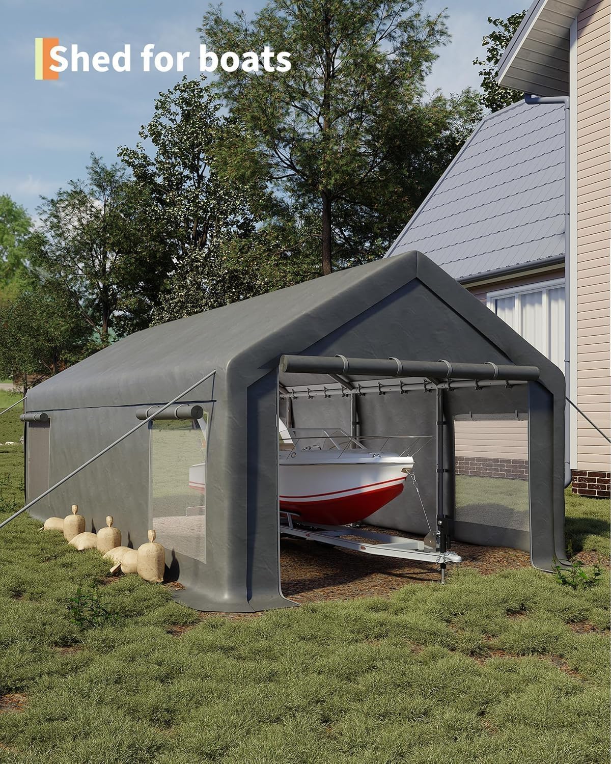 13 x 25FT Heavy Duty Carport with Roll-Up Windows, Portable Garage with Removable Sidewalls & Doors, Portable Car Tent Garage with Roll-Up Windows and All-Season Tarp, for Car, Truck,