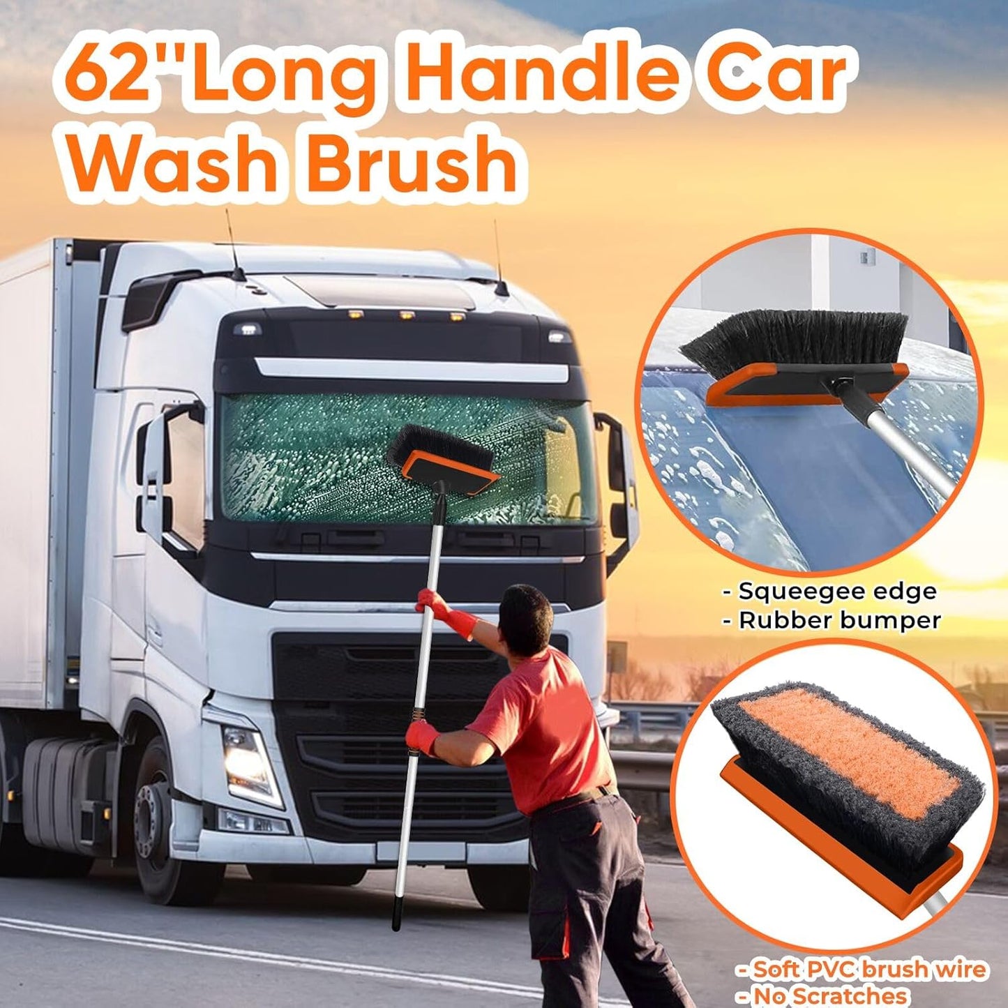 62'' Car Wash Brush with Long Handle, Soft Bristle Scratch-Free Car Wash Cleaning Detailing Brush Mop Kit Wash Mitt Towel Windshield Squeegee Wheel Tire Brush for Car SUV Truck RV Cleaning