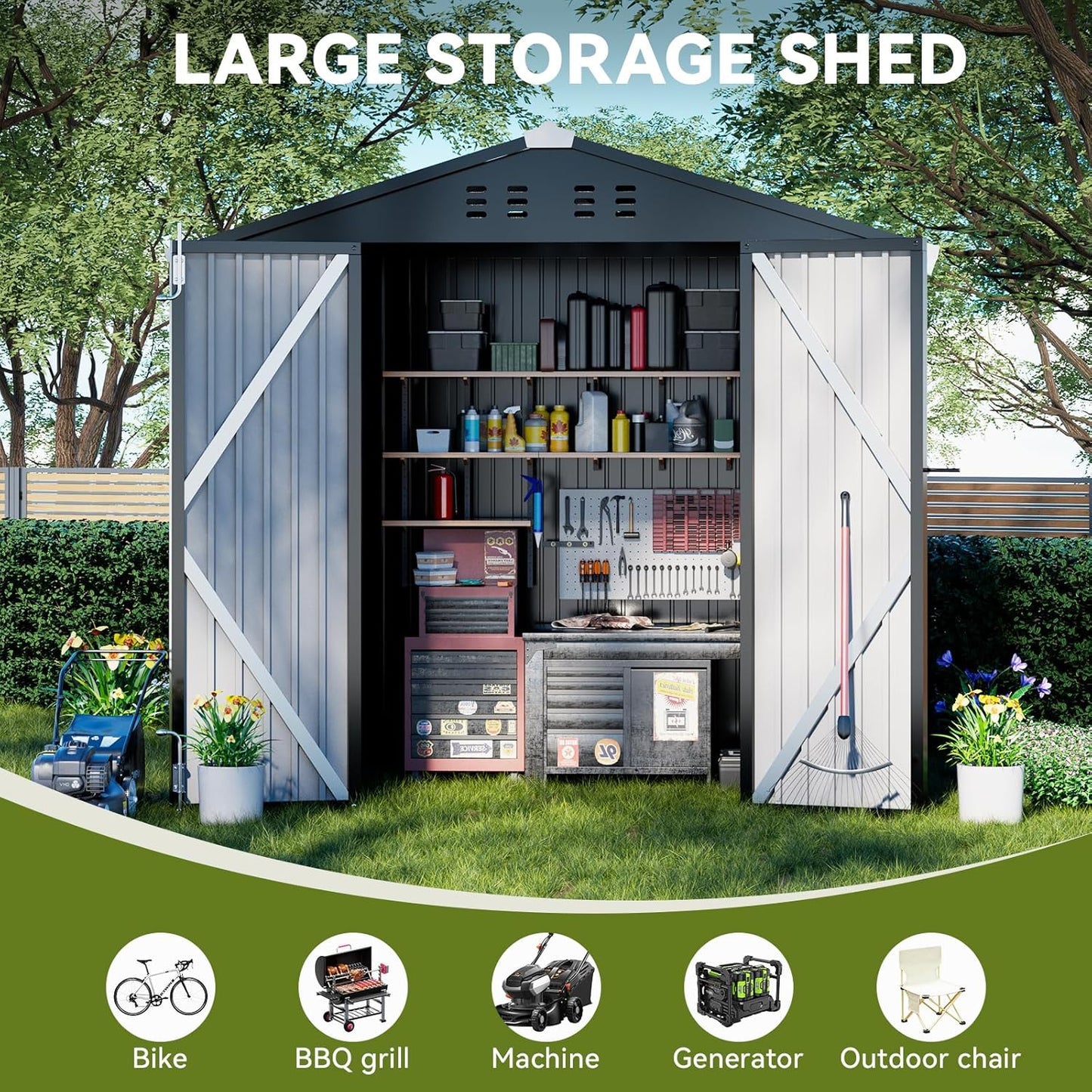 COMHOMA Shed Outdoor Storage Shed Metal,Lockable Doors Tool Sheds with Sloping Roof,Steel Garden Shed with Air Vent for Backyard,Patio,Lawn,Poolside (Dark Grey, 6x4)