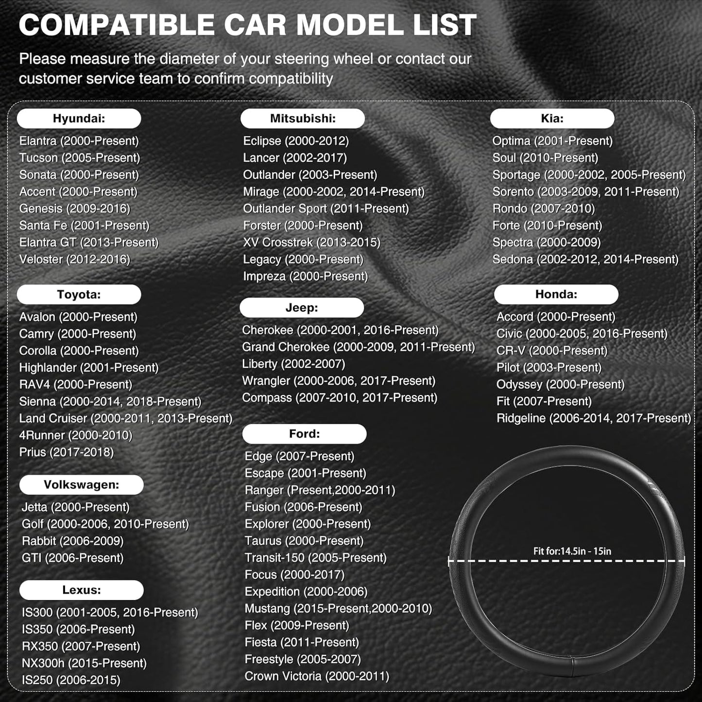 【2025 Model】 High-Grade Real Cowhide Steering Wheel Cover，Black Genuine Leather Steering Wheel Cover for Cars,Universal 15 inch Steering Wheels,Grid & Square Motif