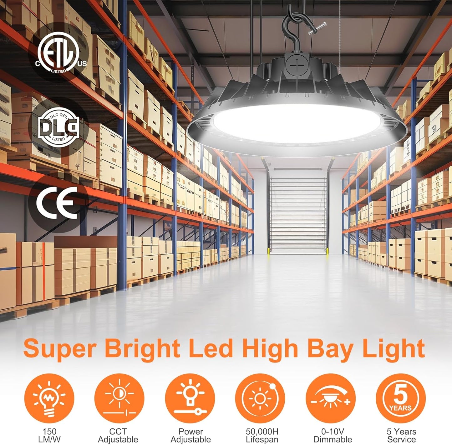 LED High Bay Lights, 200W UFO High Bay LED Shop Lights, 30000LM Adjustable CCT(5700K 5000K 4500K) & Power(200W 150W 100W), 0-10V Dimmable, 5' Cable Plug, IP65 Waterproof, ETL & DLC Listed High Bay