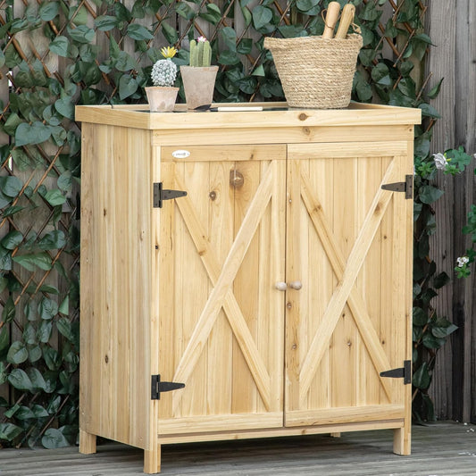 Garden Storage Cabinet, Outdoor Tool Shed with Galvanized Top and Two Shelves for Yard Tools or Pool Accessories, Natural