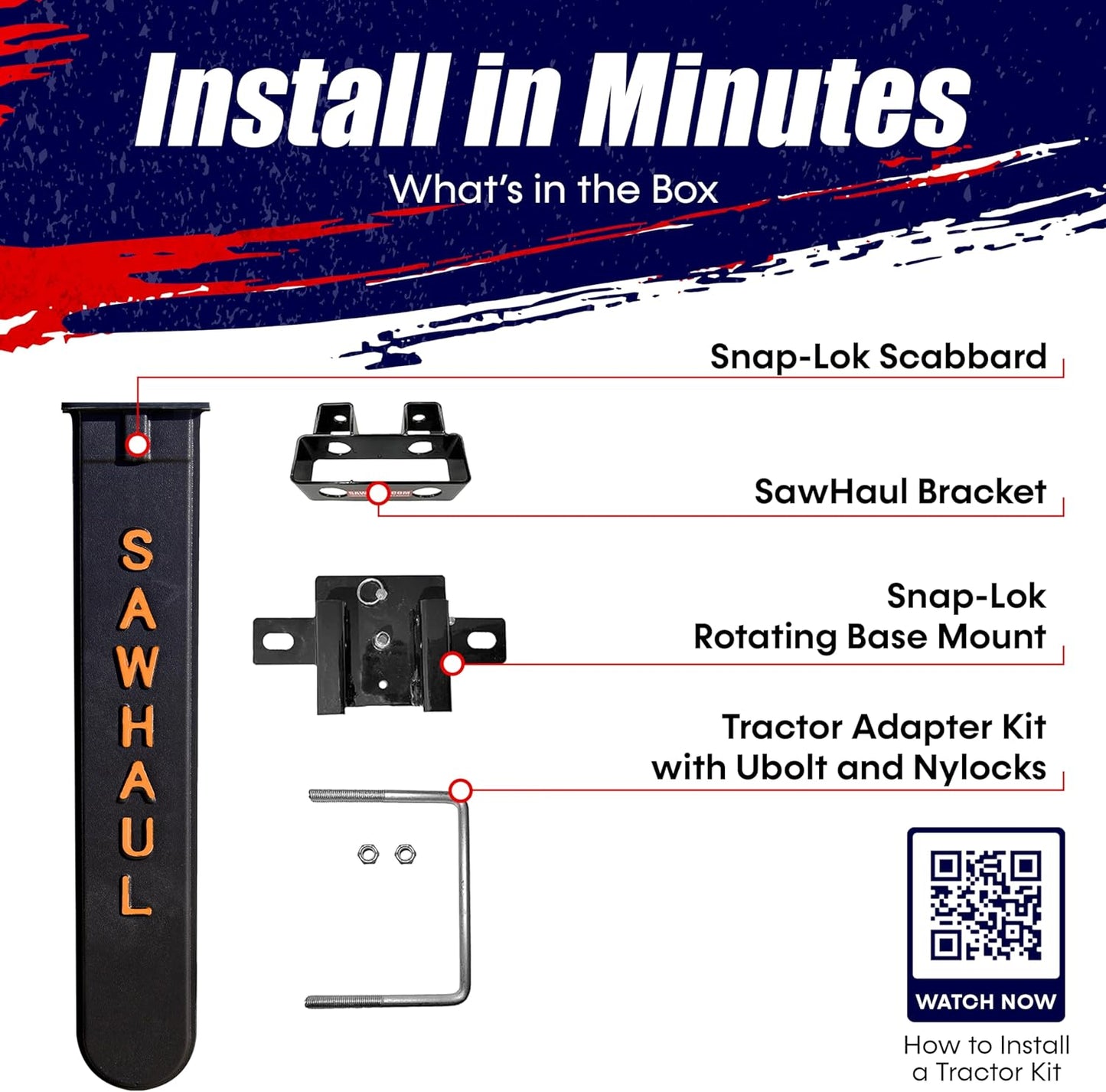 SawHaul Snap-Lok Universal Chainsaw Carrier Kit for Tractors and Skid Steers – 28 Inch Orange Scabbard with Rotating Mount – Compatible with All Chainsaw Brands – Made in USA