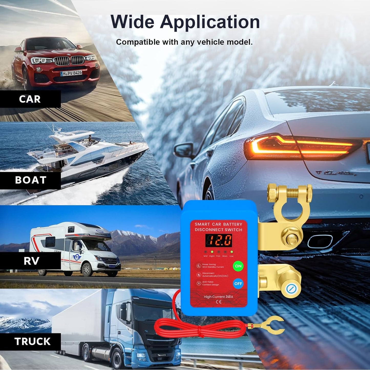 Kill Switch for Car-Remote Battery Disconnect Switch 12V,Upgrade Smart Voltage with LED Screen,Smart Voltage Car Kill Switch for Vehicle, RV, ATV, Truck, Boat (Blue)