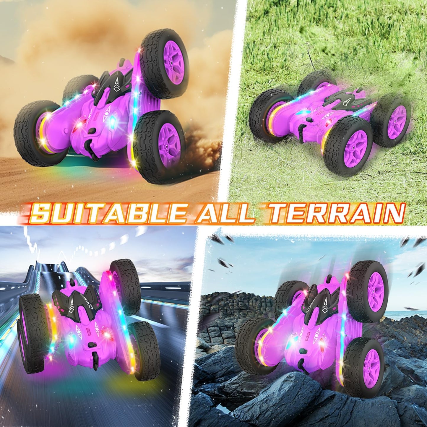 Remote Control Car, Rc Cars Stunt RC Car Toys New Upgraded Strip Lights and Headlights Girl Toys Double-Sided 360° Rotating 4WD Drift Truck for Boys Girls Birthday Gift (Purple)