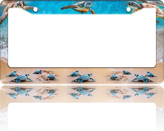 Sea Turtle License Plate Frame Seaside Beach Stainless Steel License Plate Holder for Front or Rear Car Tags Funny for Car Decoration Accessories with Screws 6.3 X 12.2 in for Women Men