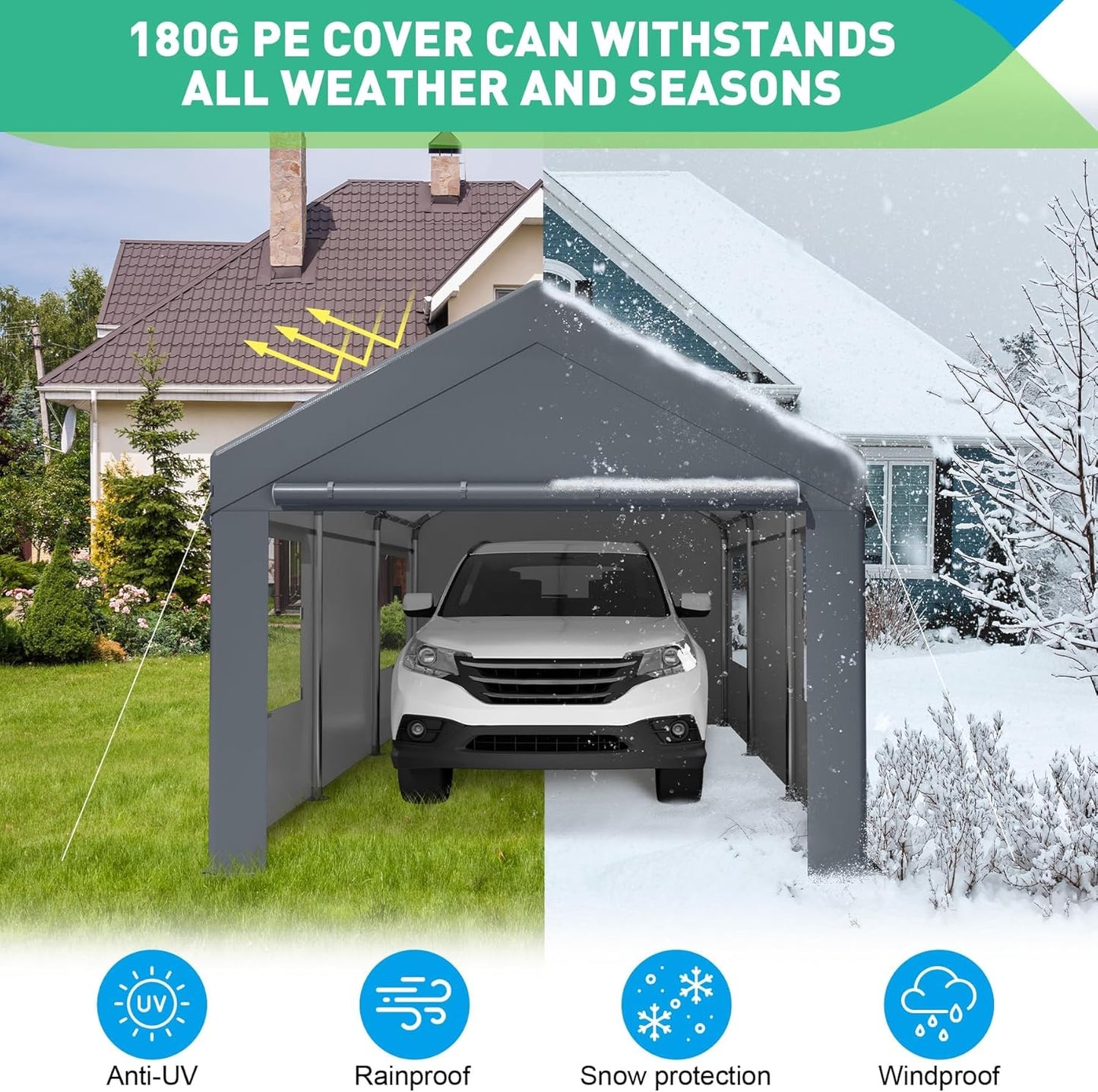 12X20 Ft Heavy Duty Carport Canopy, Portable Garage, Car Tents, Easy to Assemble, Reinforced Structure, with Hanging Edge, Applicable to Car, Bike, Boat, Party (Gray)