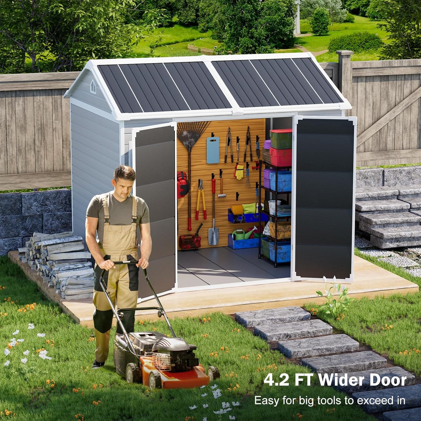 Resin Storage Shed with Floor 8x6x7 FT Outdoor Waterproof Wider Door Plastic Sheds Kit for Backyard Garden Patio Lawn Tools, Gray