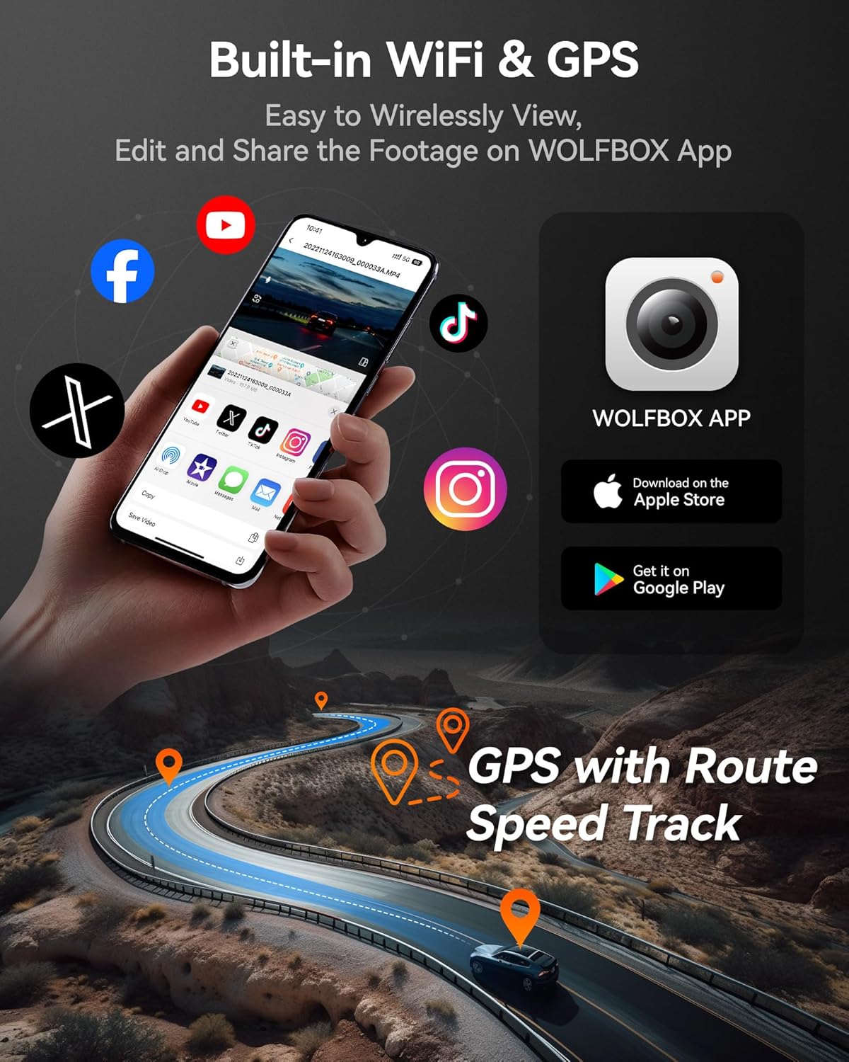 WOLFBOX i07 3 Channel Dash Cam Built-in WiFi GPS, 4K Dash Camera Front and Inside, 1440P+1080P+1080P Triple Car Camera with 3" LCD Screen, 32GB Card Included, IR Night Vision, 24H Parking Mode
