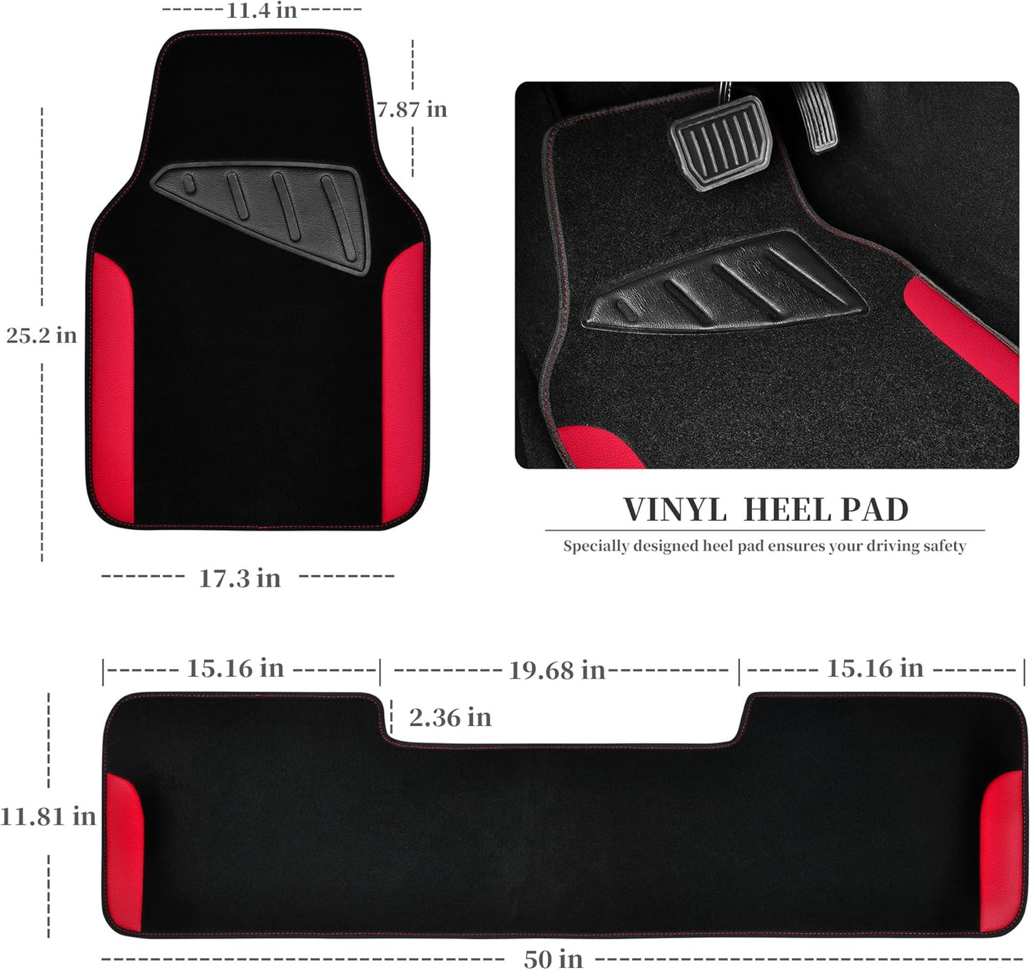 CAR PASS Waterproof Universal Faux Leather 3Pcs Car Floor Mats, Red Car Mats Fit for SUV,Vans,sedans, Trucks,Set of Vehicles Car Carpet with Driver Heel Pad and Anti-Slip Nibs Backing (red 3Pcs)