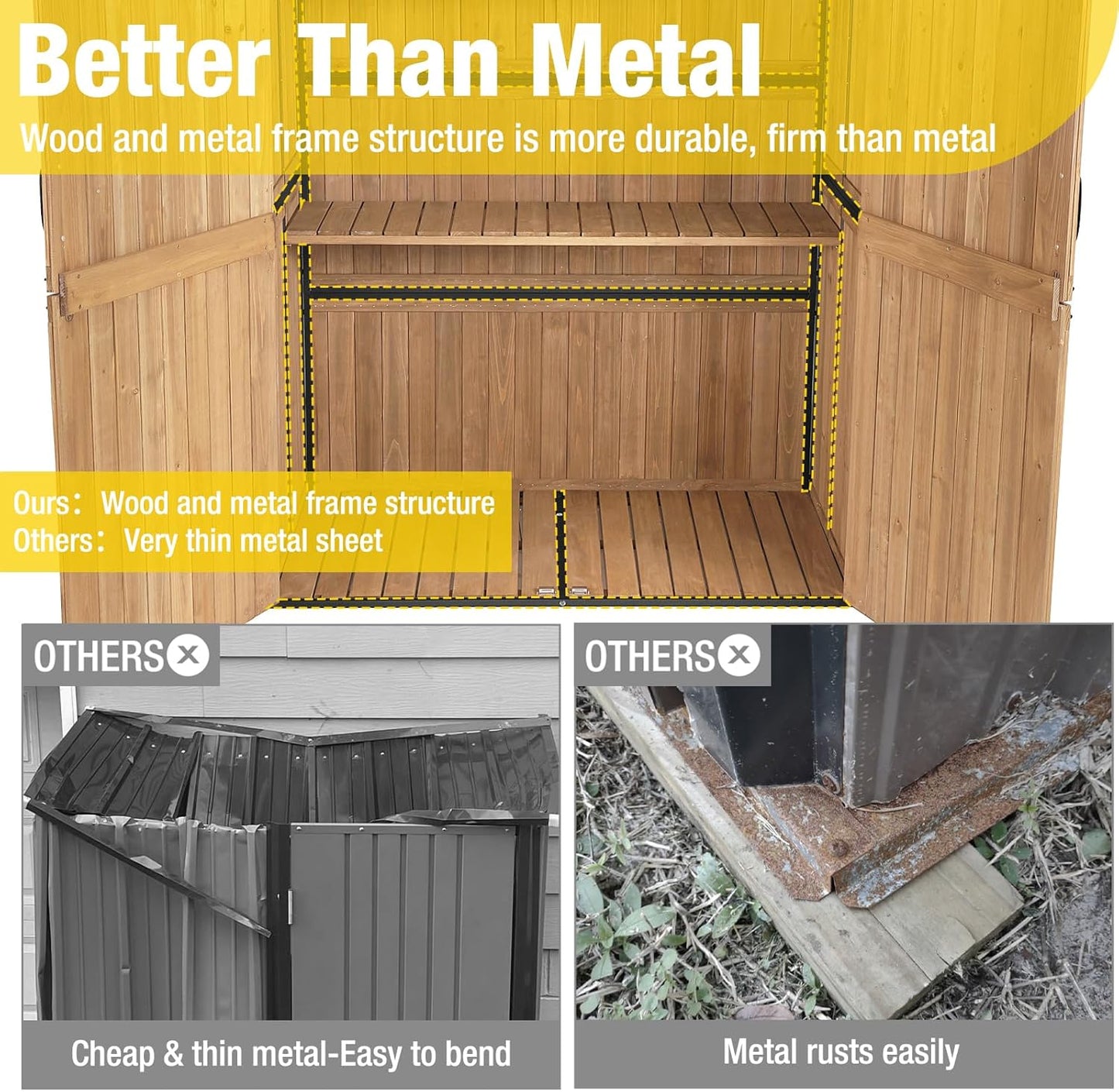 Aivituvin Storage Shed Outdoor Storage Cabinet Upgraded with All Arounded Metal Frame, Wooden Floor and Adjustable Shevels 55" L x 29" W x 67" H, Brown