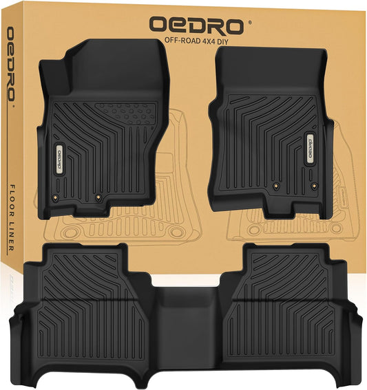 OEDRO Floor Mats 2 Row Liner Set Compatible with 2022-2025 Nissan Frontier Crew Cab w/ 2nd Row Under-Seat Storage, Black TPE All-Weather Guard - Custom Fit