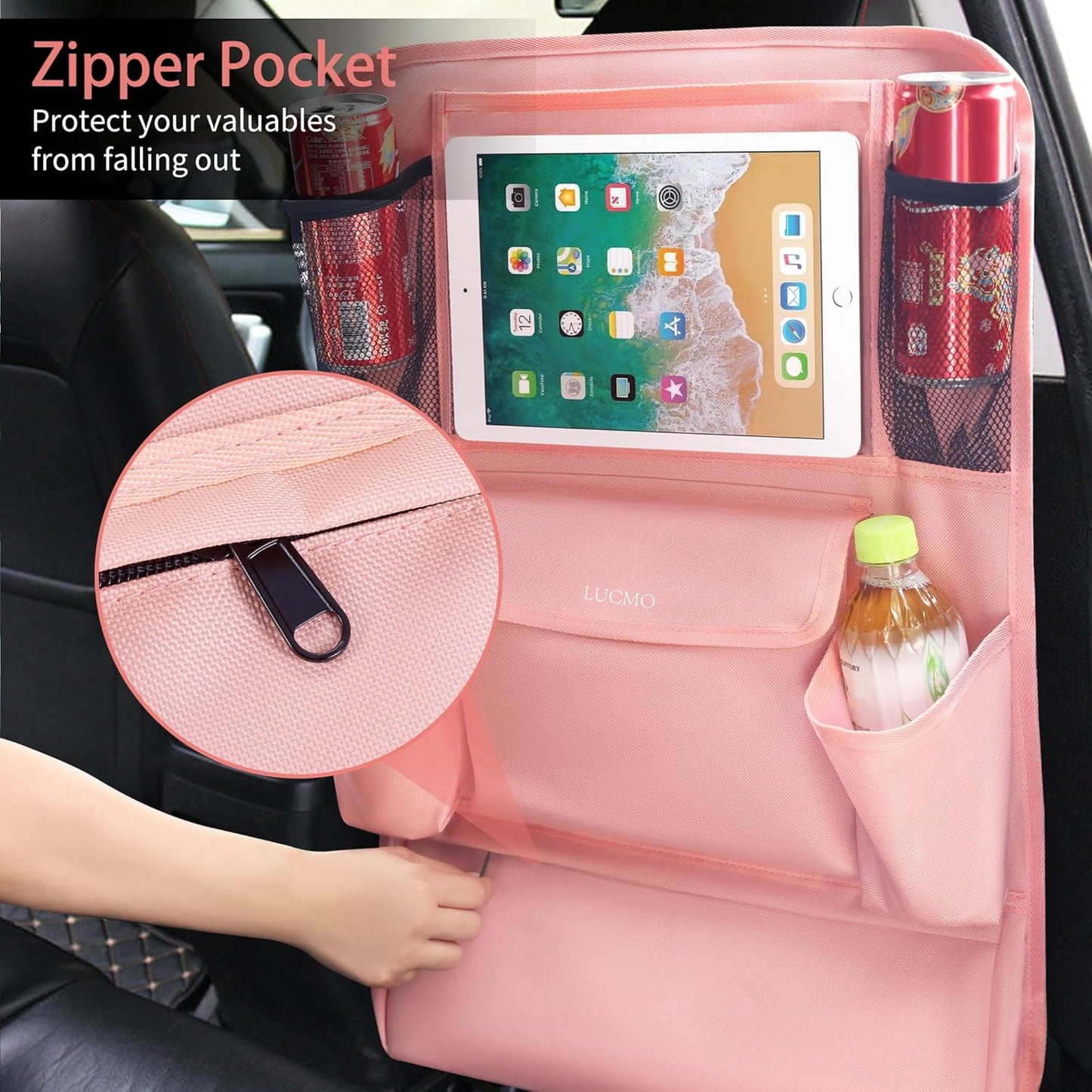 LUCMO Car Backseat Organizer with Touch Screen Tablet Holder,9 Storage Pockets Car Storage Organizer,Protectors Kick Mats Travel Accessories for Kids-Pink