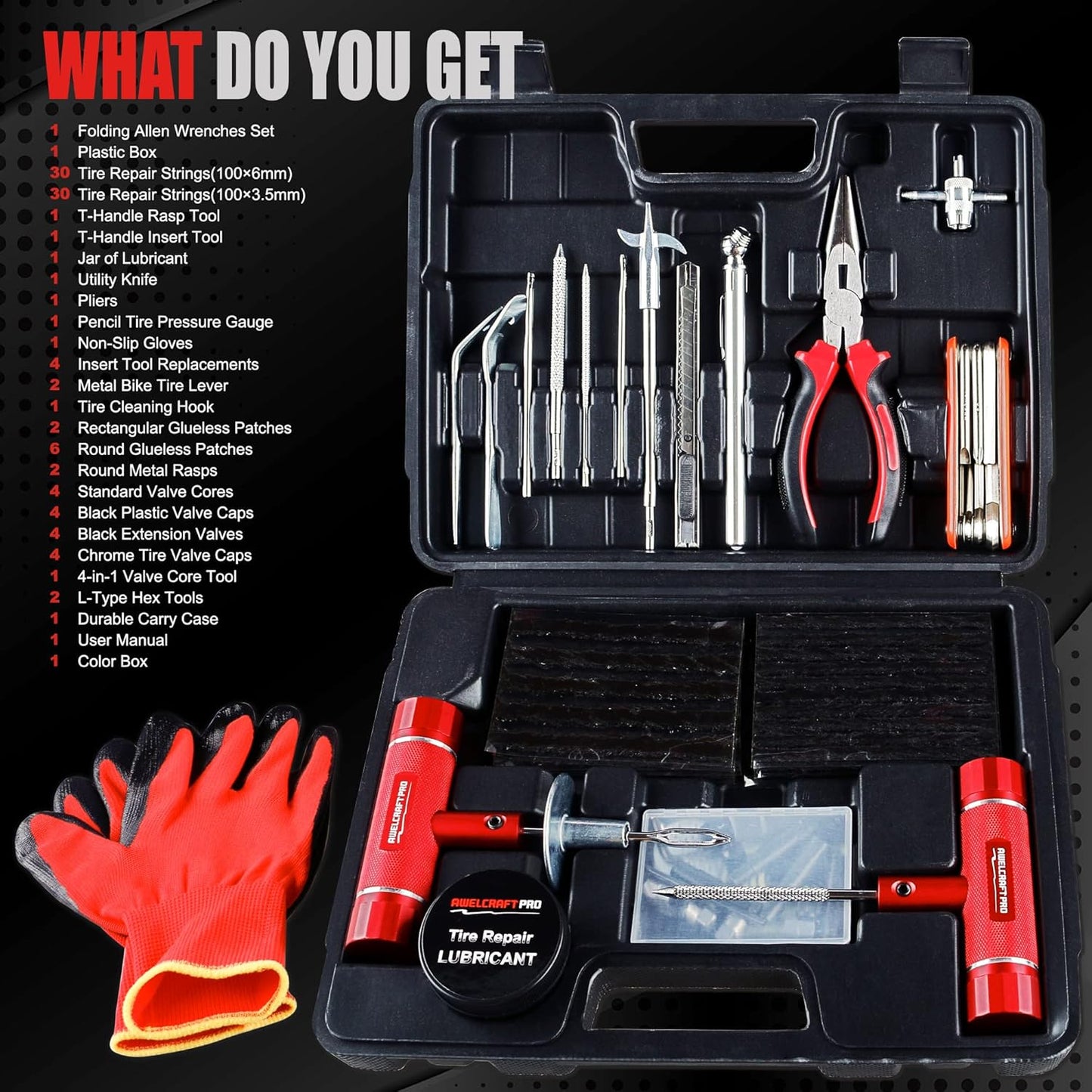 Heavy Duty Tire Repair Tools Kit - 108 PCS Set Truck Tool Box for Motorcycle, Car, ATV, Jeep, Truck, Tractor Flat Tire Plug Kit