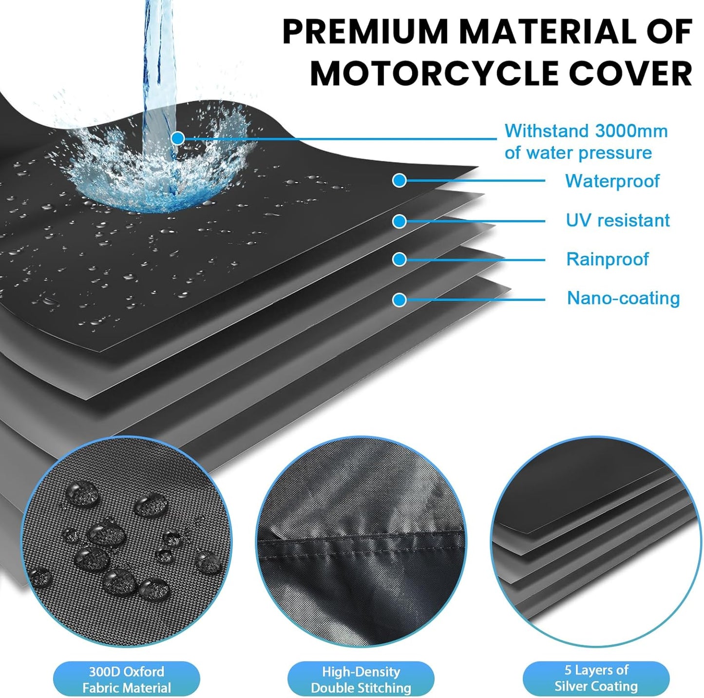 Waterproof Motorcycle Cover Outdoor, Motorbike Scooter Moped Rain Dust Cover with 5 Reflective Strips and 2 Windproof Buckles, 2 Lock-Holes for Cruisers Sportbikes (4XL: 116 x 37 x 55 inch)